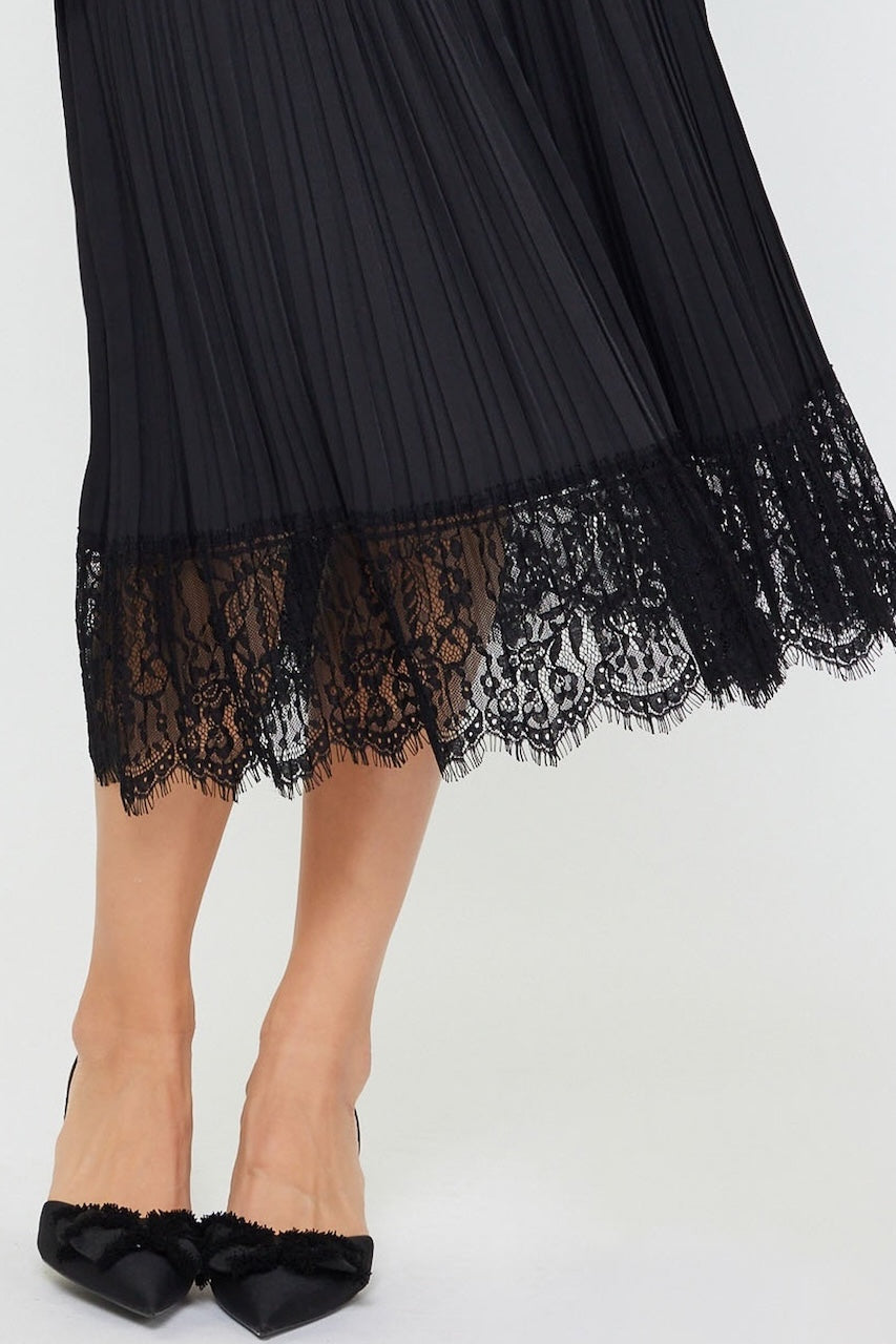Black Pleated Midi Skirt With Lace Trim Hem
