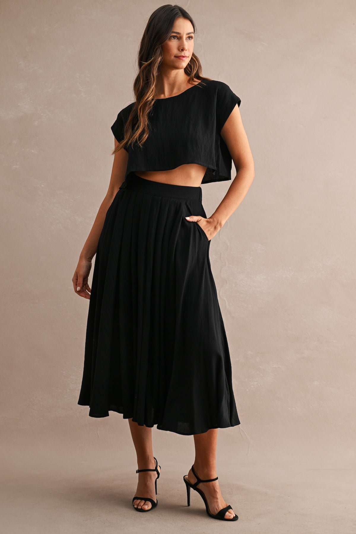 Black Cotton Two Piece Crop Top & Midi Skirt Set