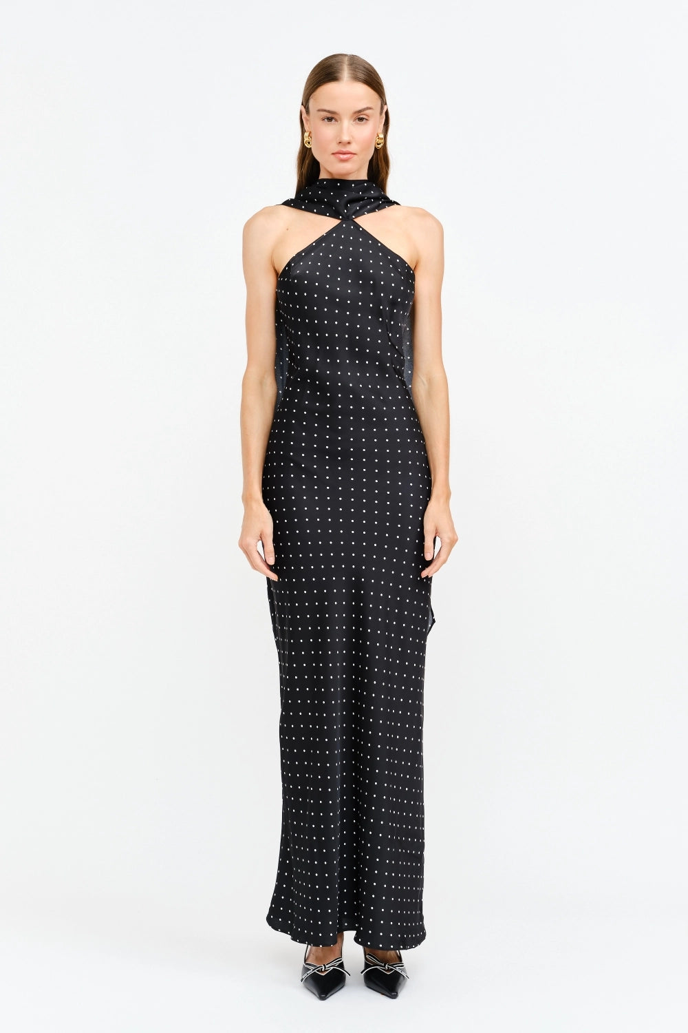 Black Polka Dot Scarf Maxi Dress