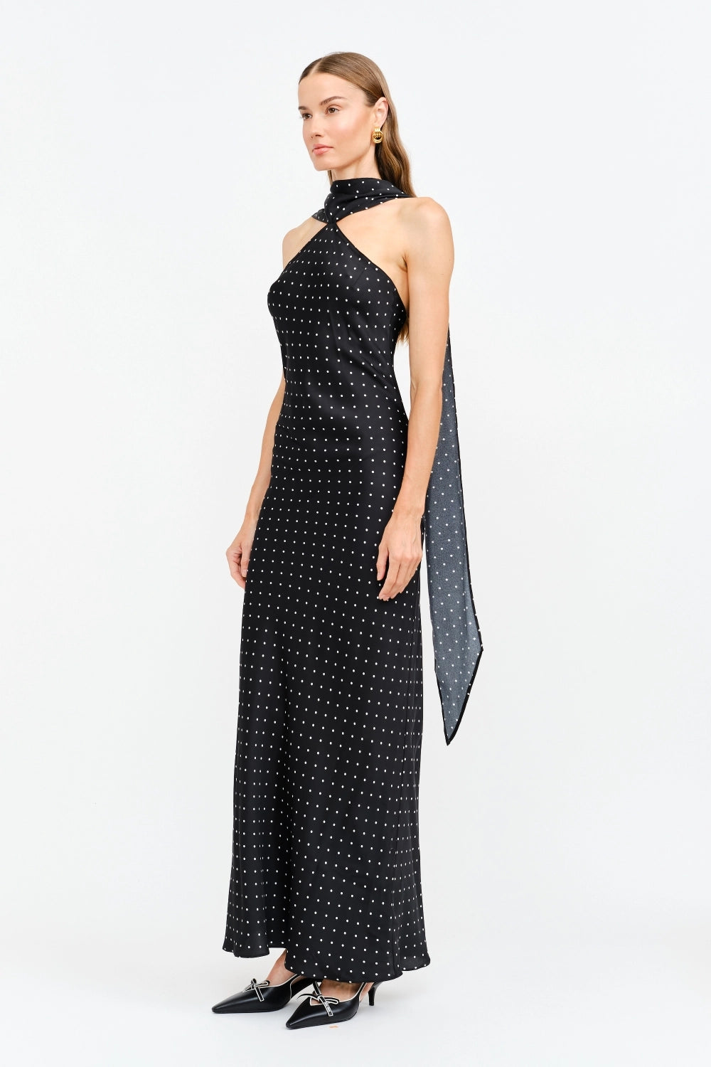 Black Polka Dot Scarf Maxi Dress