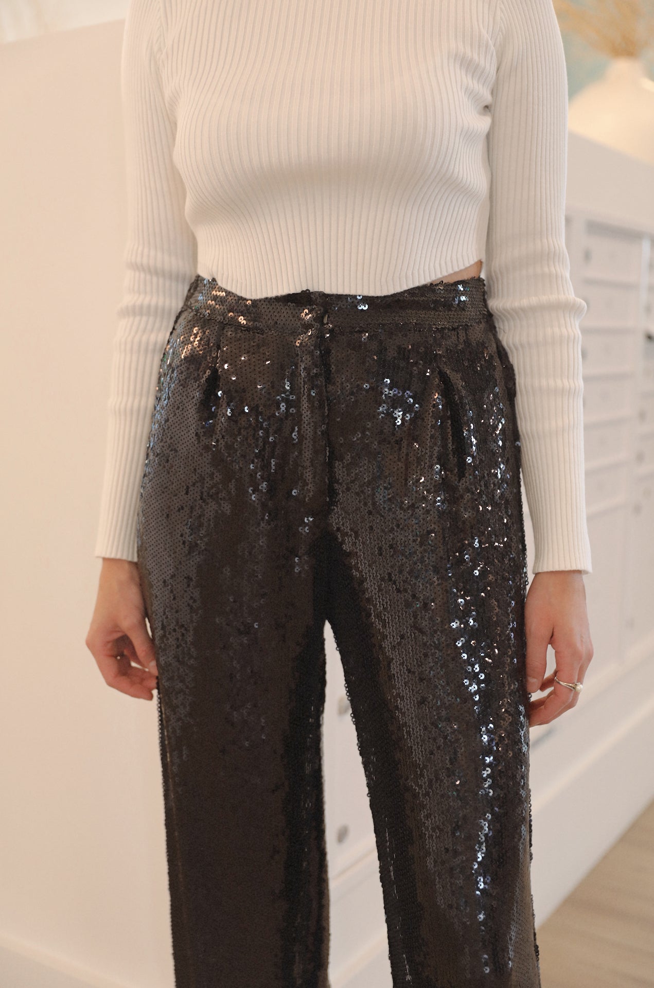 High Waisted Black Sequin Pants