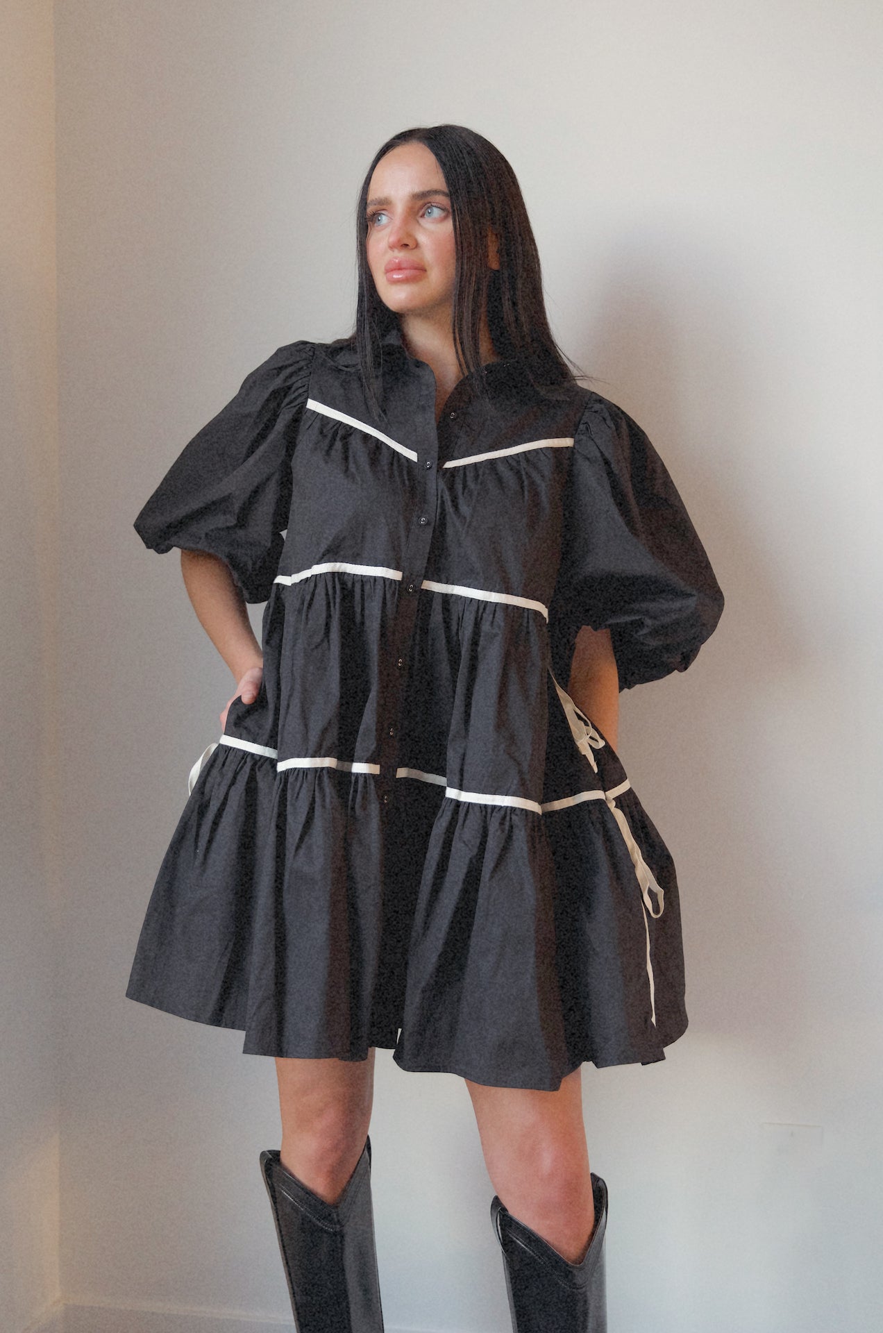 black poplin puff sleeve babydoll mini dress