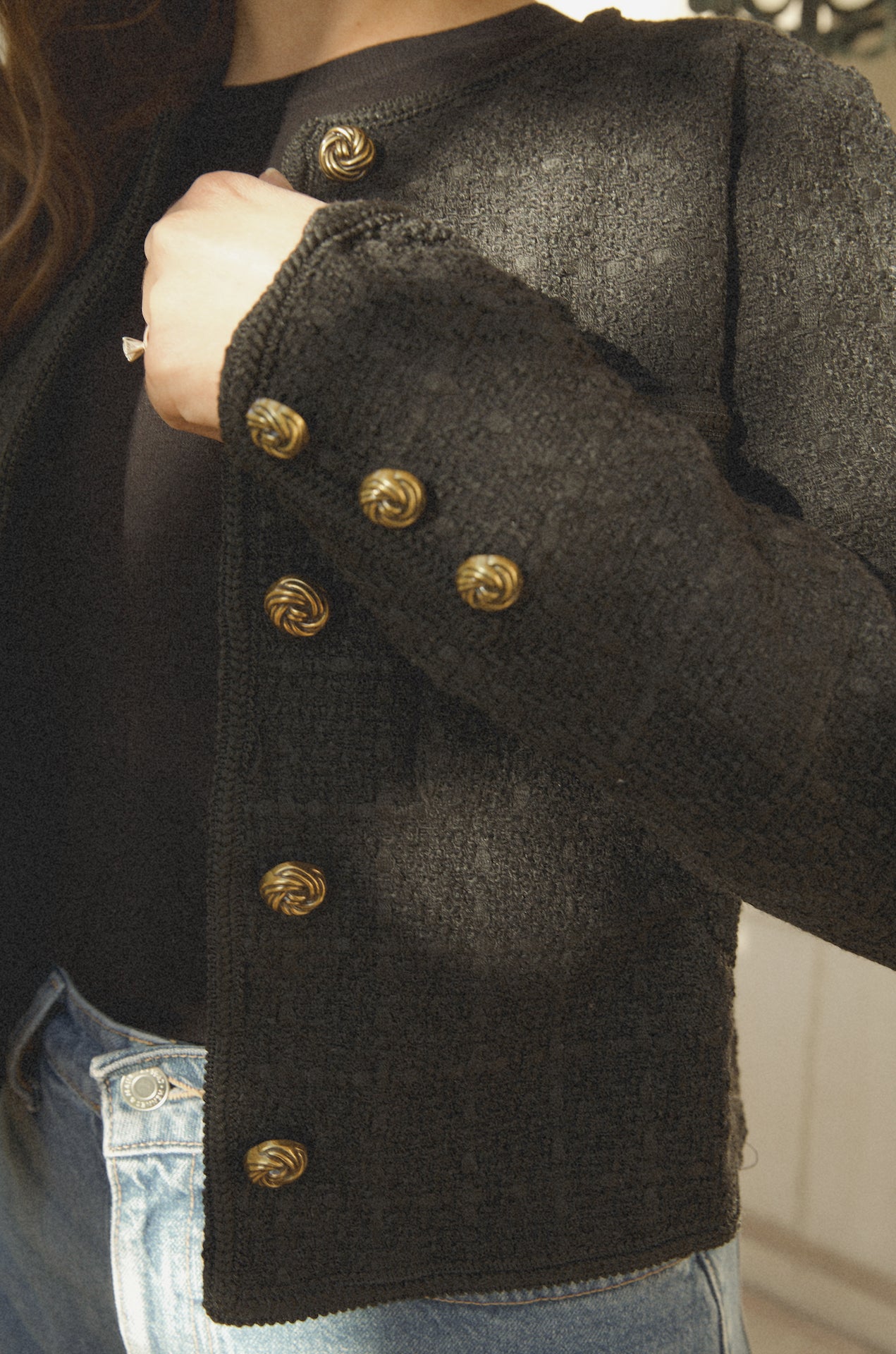 black tweed blazer jacket with gold buttons