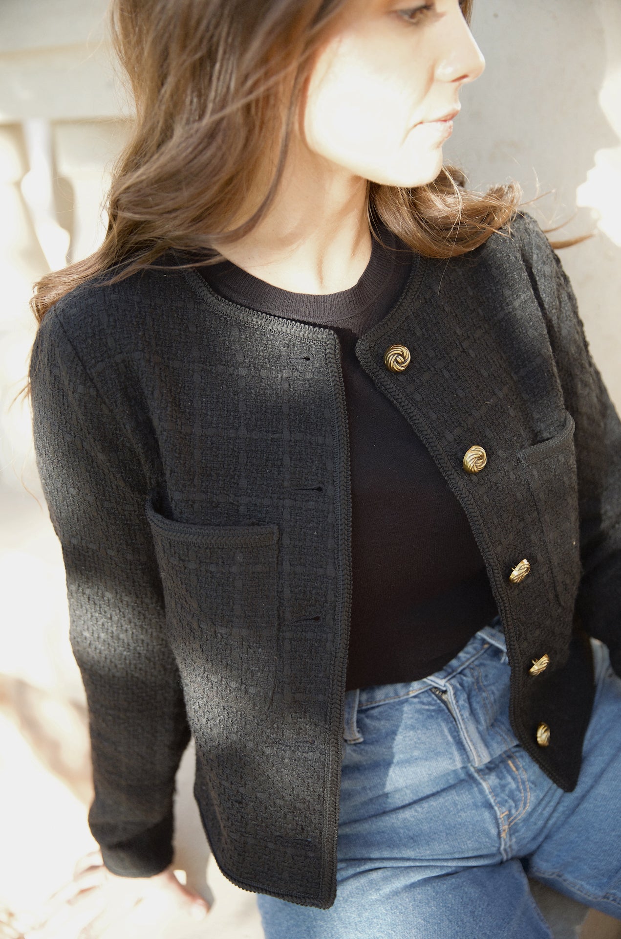black tweed blazer jacket with gold buttons