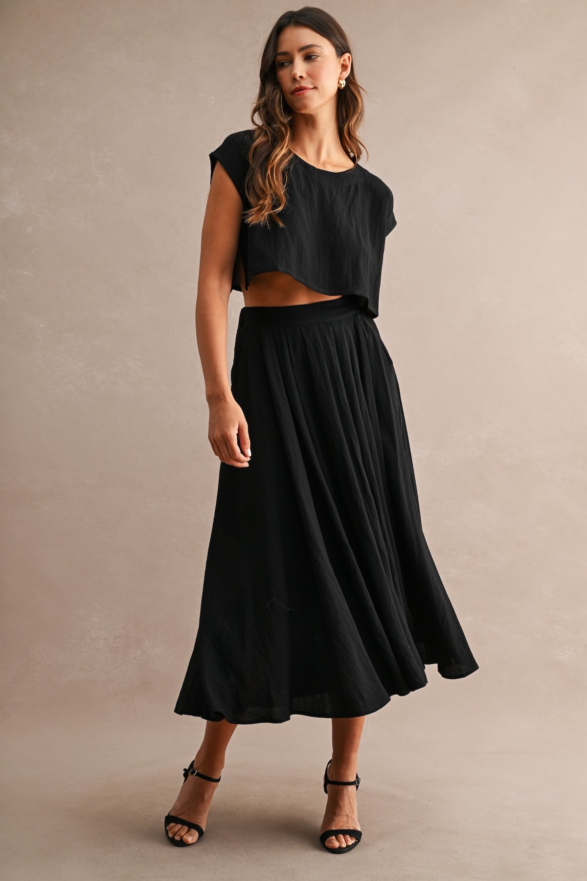 Black Cotton Two Piece Crop Top & Midi Skirt Set