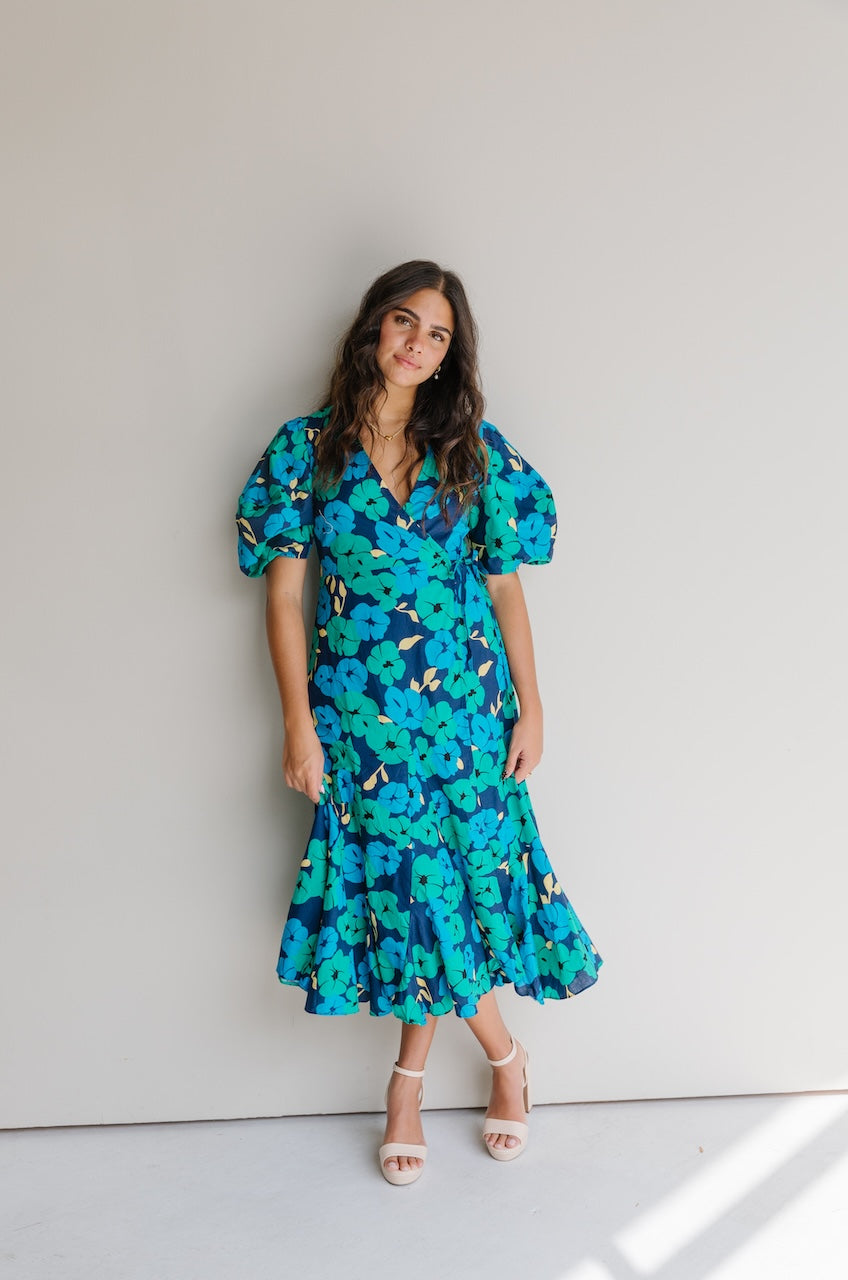 Blue Floral Cotton Midi Wrap Dress With Puff Sleeves