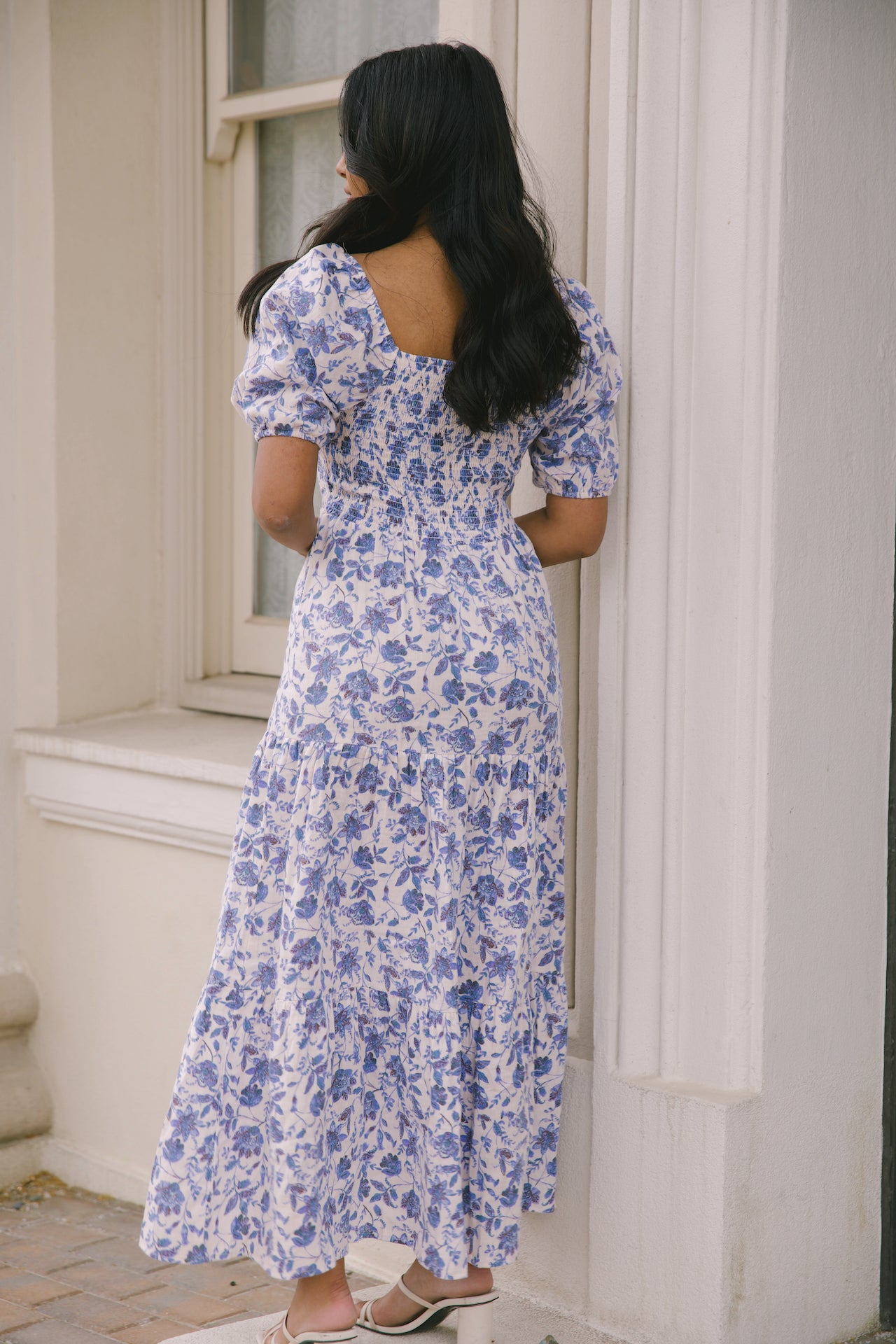 blue and white floral dress with puff sleeves, sweetheart neckline, tiered dress