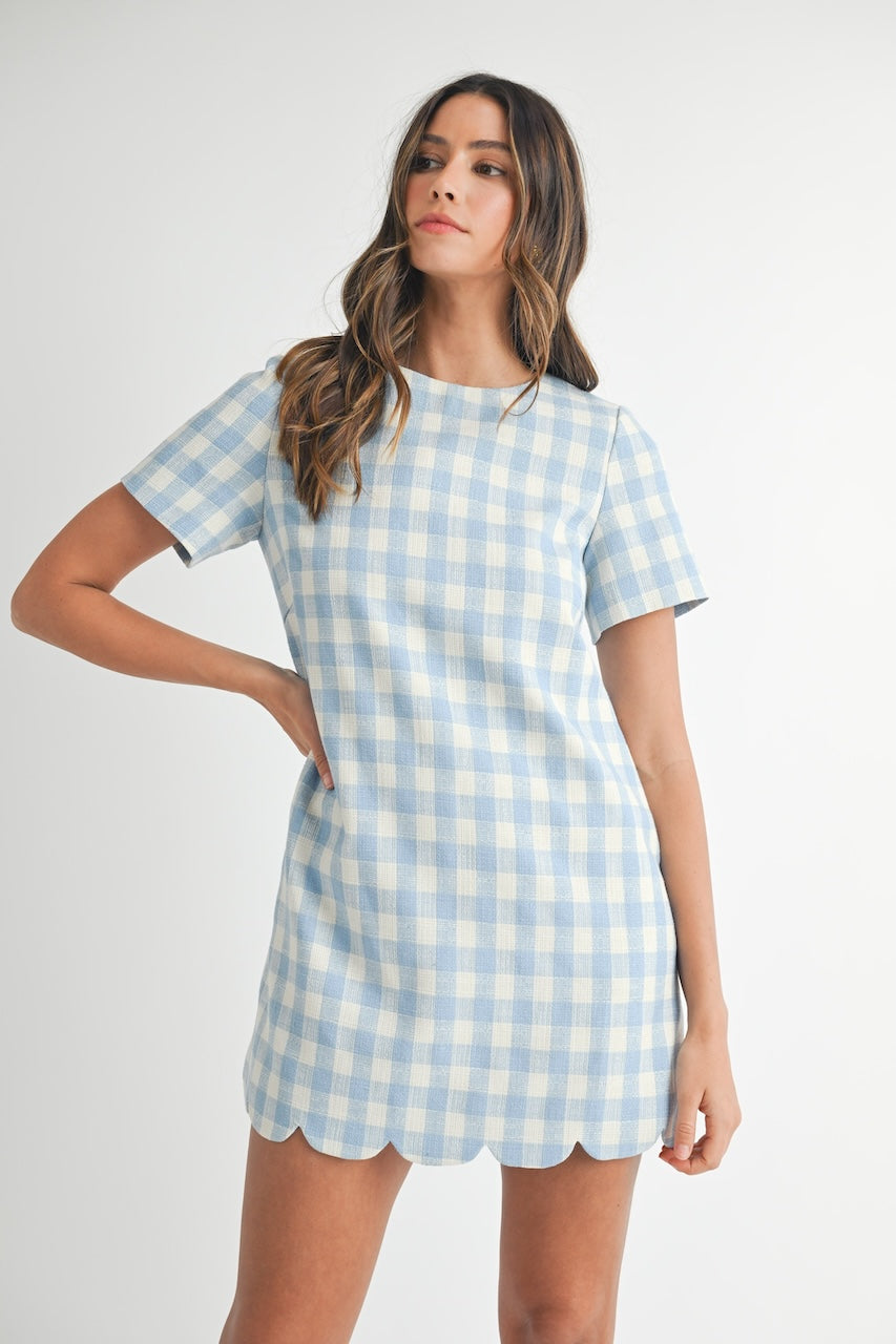 Blue Gingham Mini Dress with Scallop Hem - S Blue Gingham Mini Dress with Scallop Hem - S