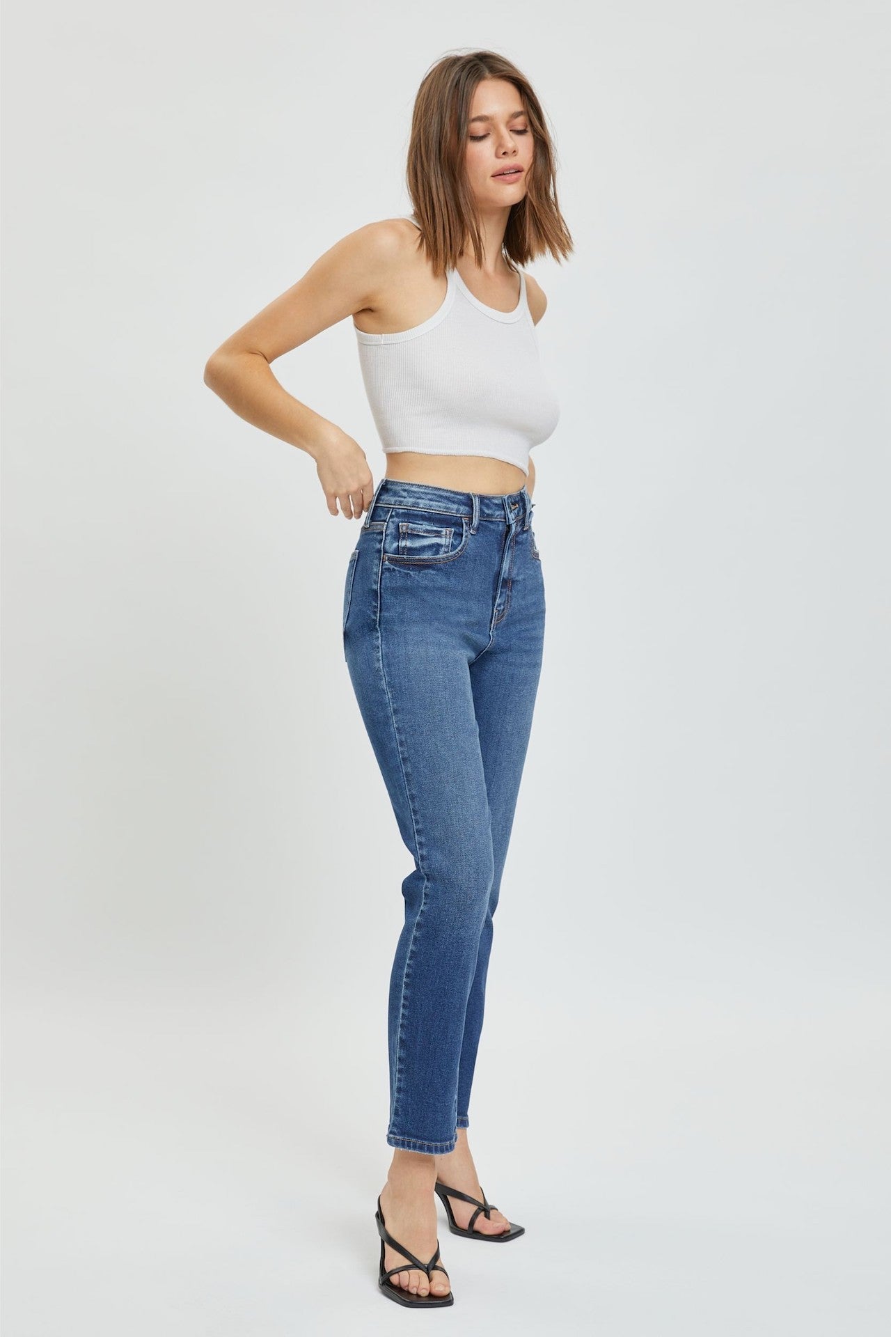 dark blue high rise straight jeans cropped