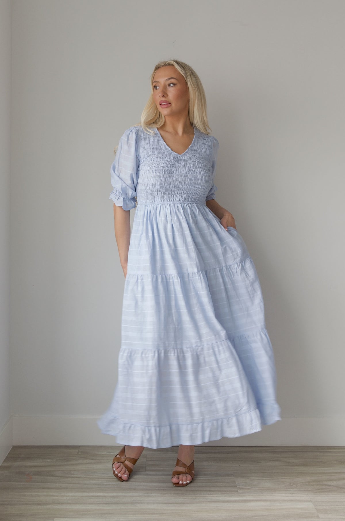 Blue Smocked Modest Midi Dress