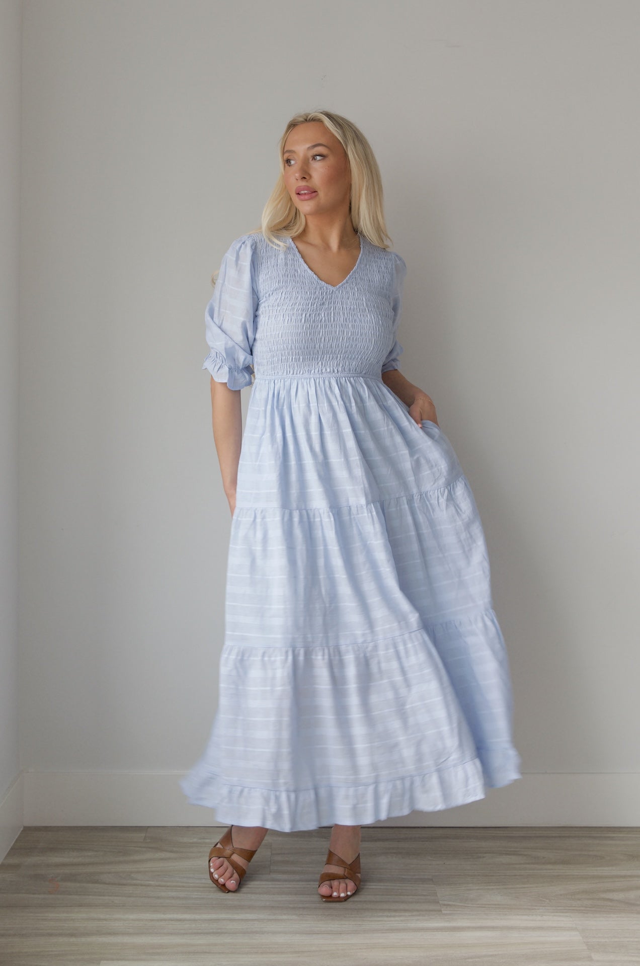 Penelope Blue Smocked Midi Dress