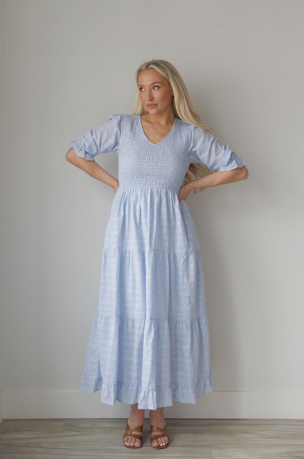 Blue Smocked Modest Midi Dress