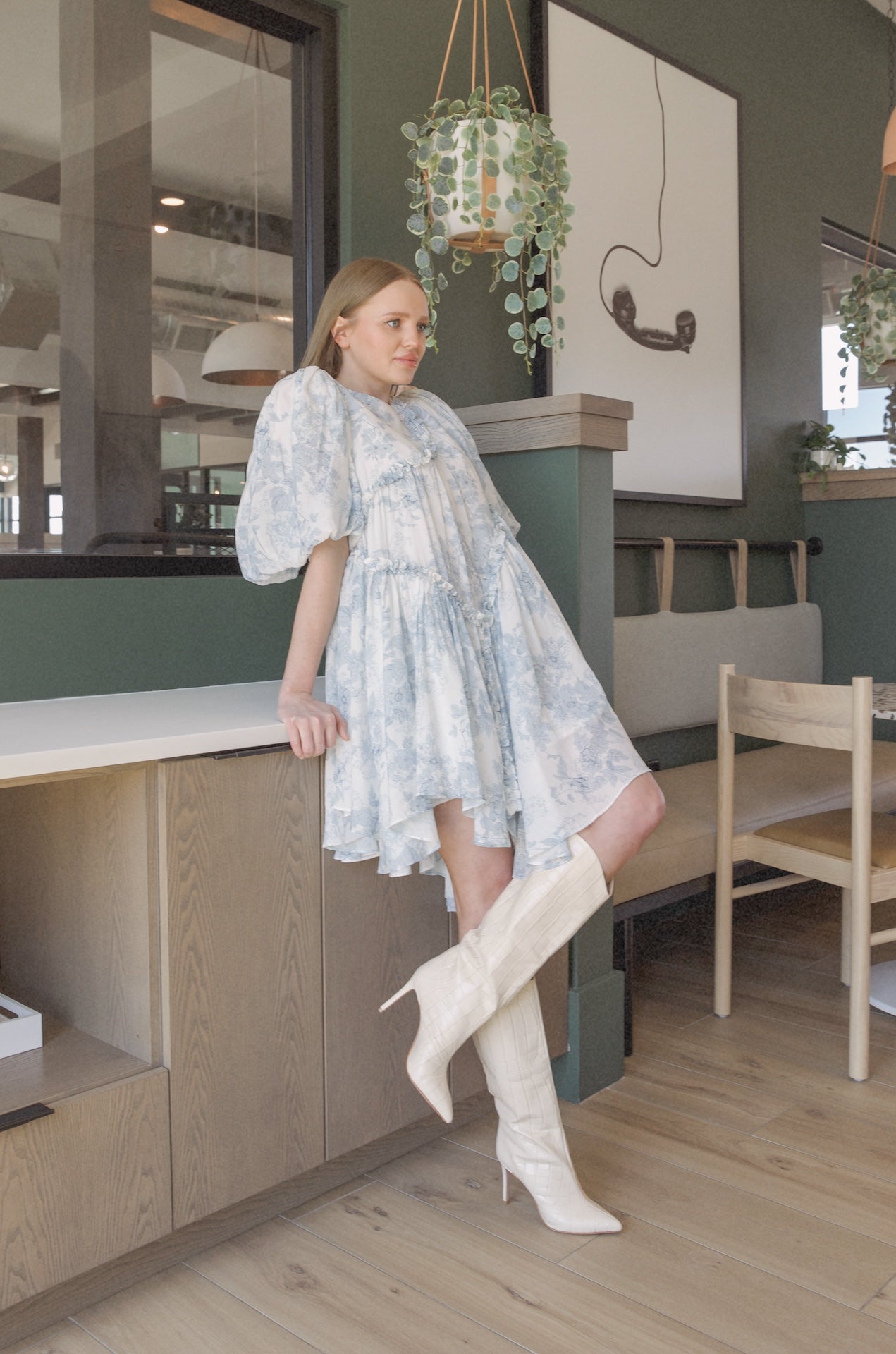 blue and white toile floral print puff sleeve mini dress with ruffles