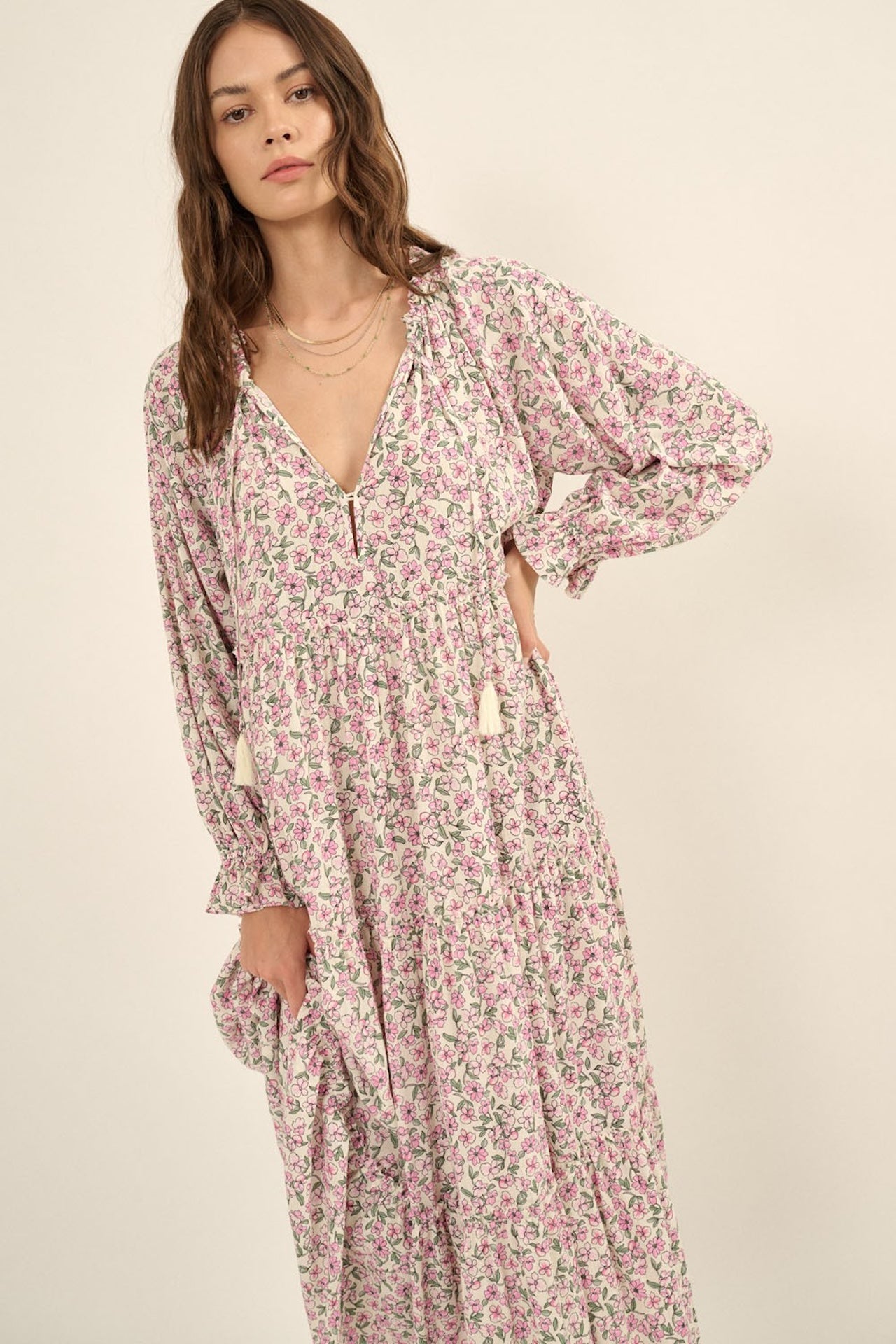 Pink floral print boho long sleeve tiered midi dress