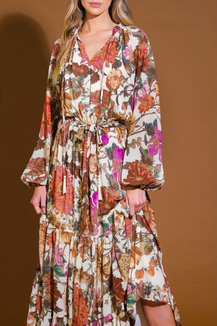 Floral Boho Maxi Dress - Flowy Tiered Long Sleeve