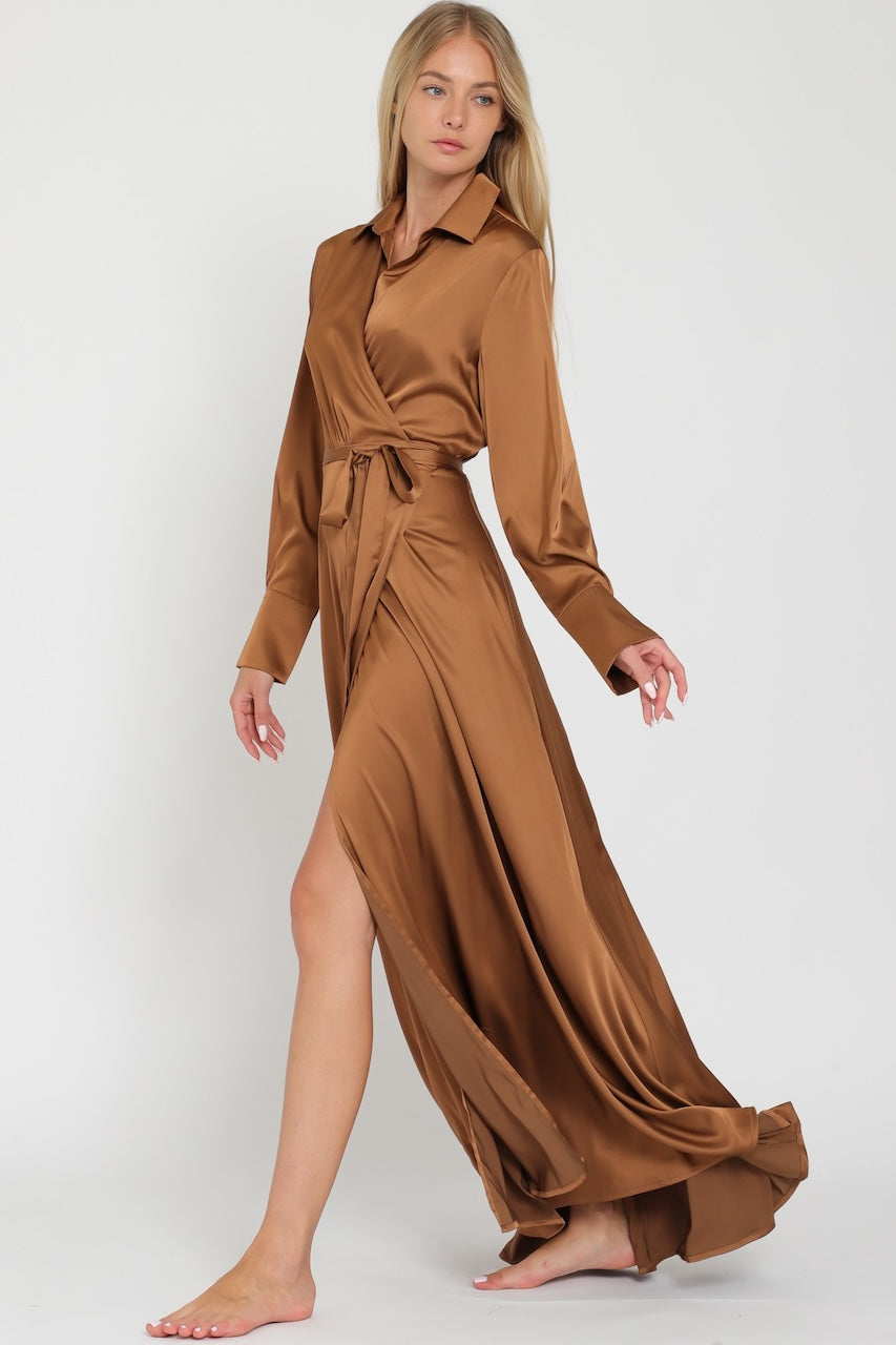 Bronze satin wrap maxi dress with collar and long sleeves