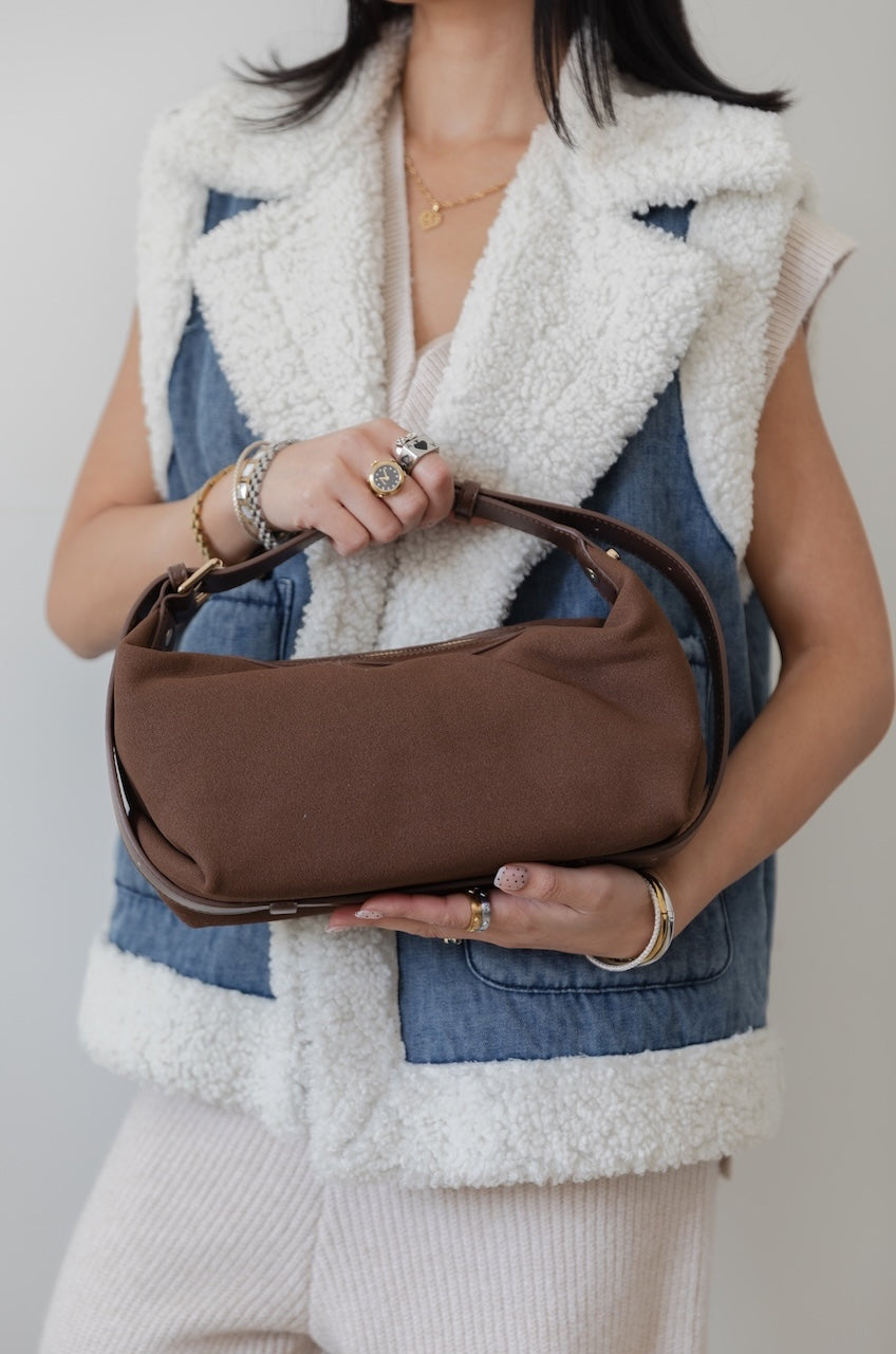 Melie Bianco Lilith Brown Suede Hobo Bag - Vegan Crescent Shoulder Purse