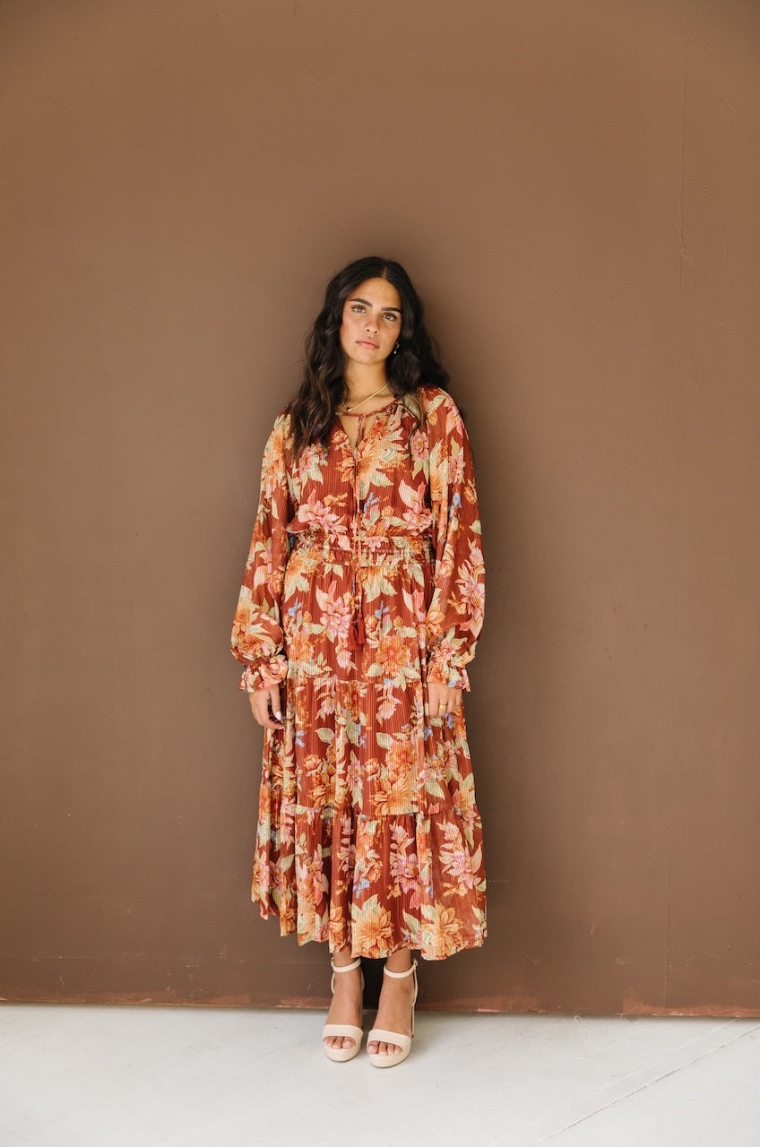 Brown Floral Long Sleeve Midi Dress