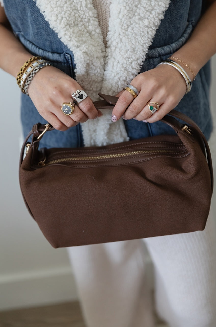 Melie Bianco Lilith Brown Suede Hobo Bag - Vegan Crescent Shoulder Purse