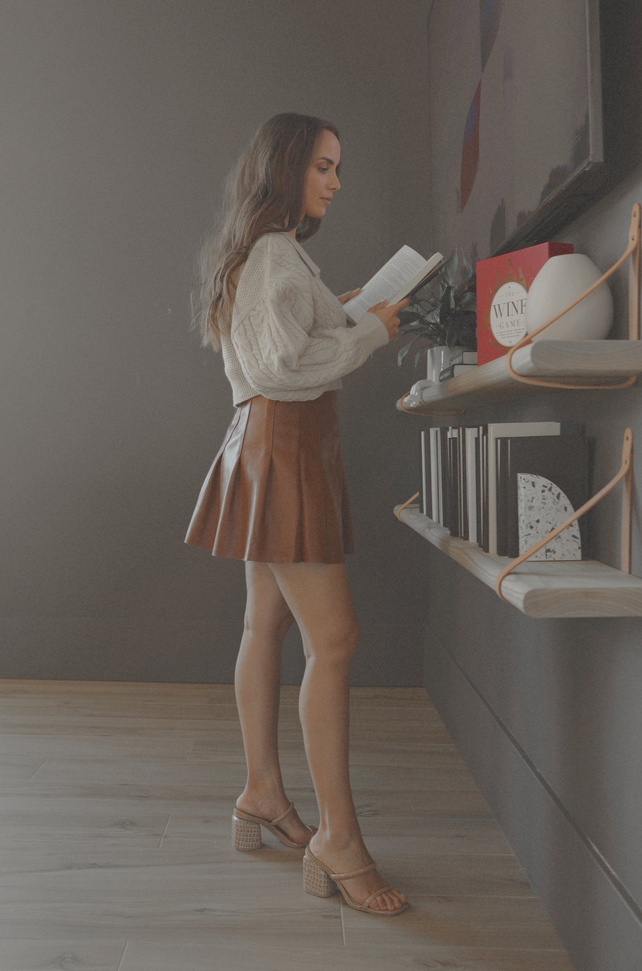 brown faux leather pleated mini skirt