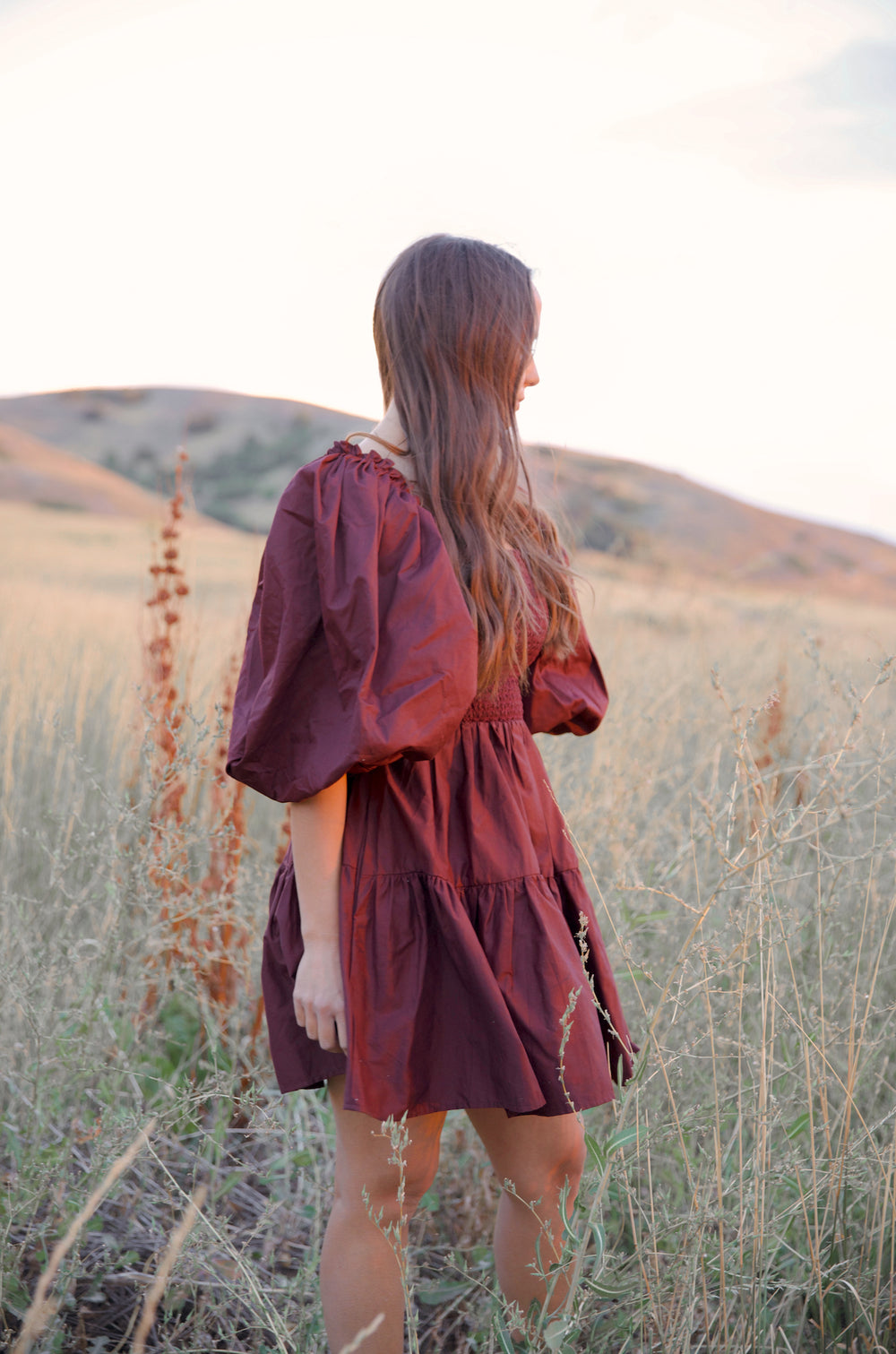 Puff Sleeve Suede Button Up Dress - Brown main image 0