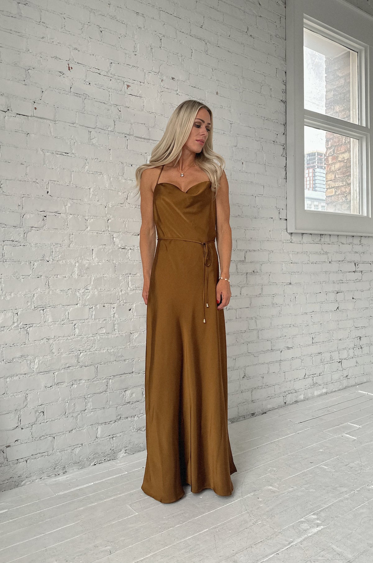 Bronze Brown Cowl Neck Maxi Dress