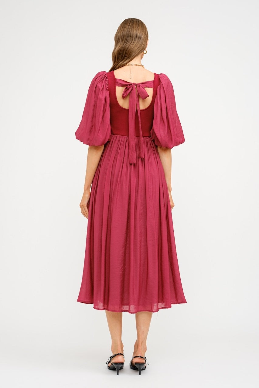 Enchanted Burgundy Puff Sleeve Midi Dress