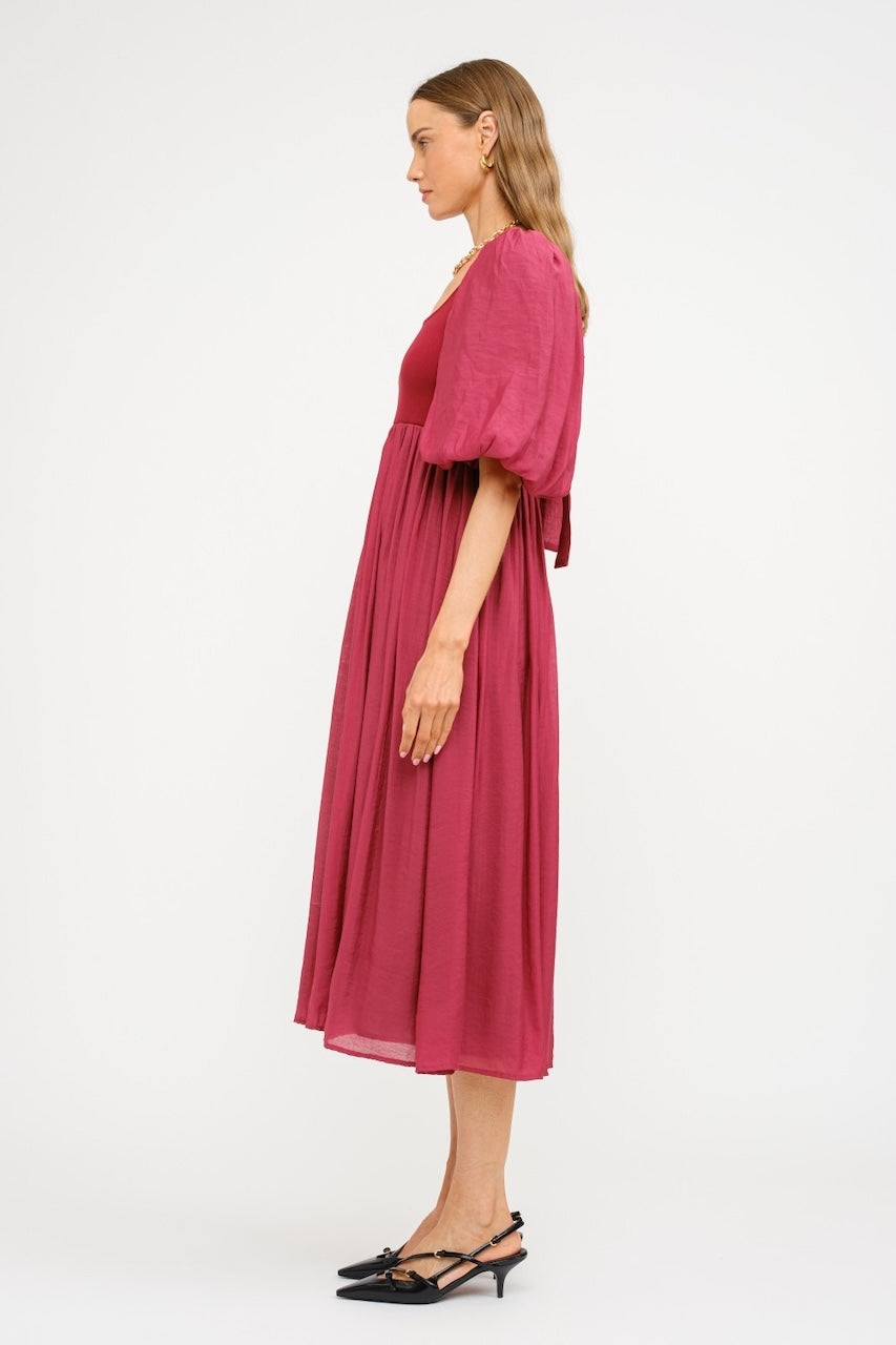 Enchanted Burgundy Puff Sleeve Midi Dress
