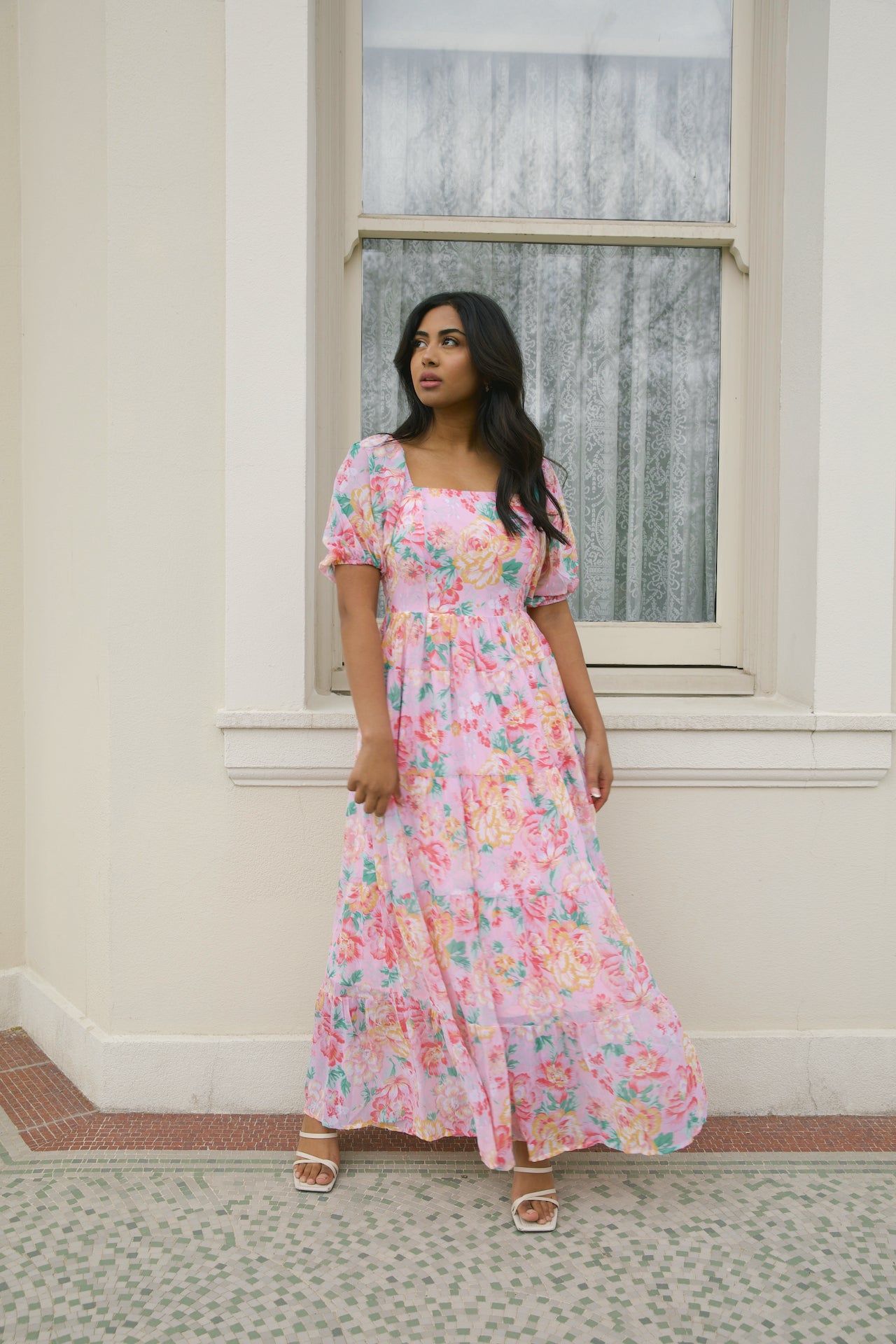 chiffon pink floral maxi dress with puff sleeves and a square neckline