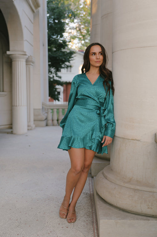 Teal Jacquard Wrap Mini Dress
