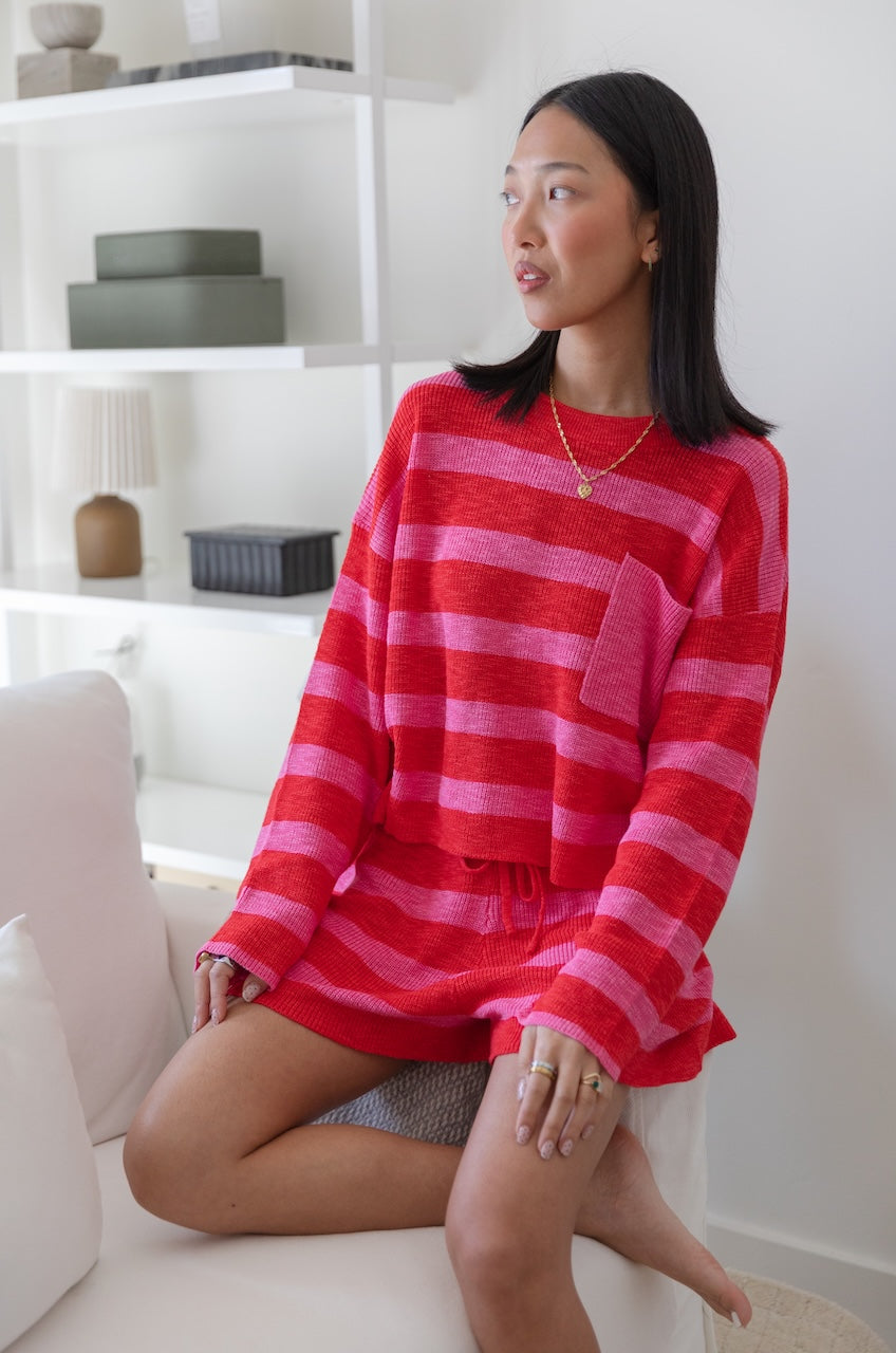 Pink/Red Striped Knit Top & Shorts Set