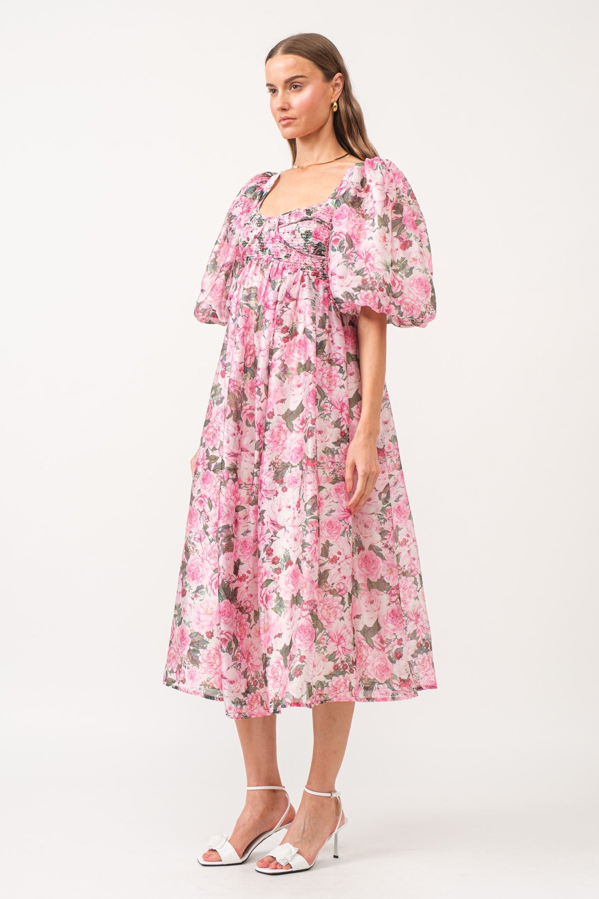 Corset Floral Print Organza Midi Dress with Puff Sleeves
