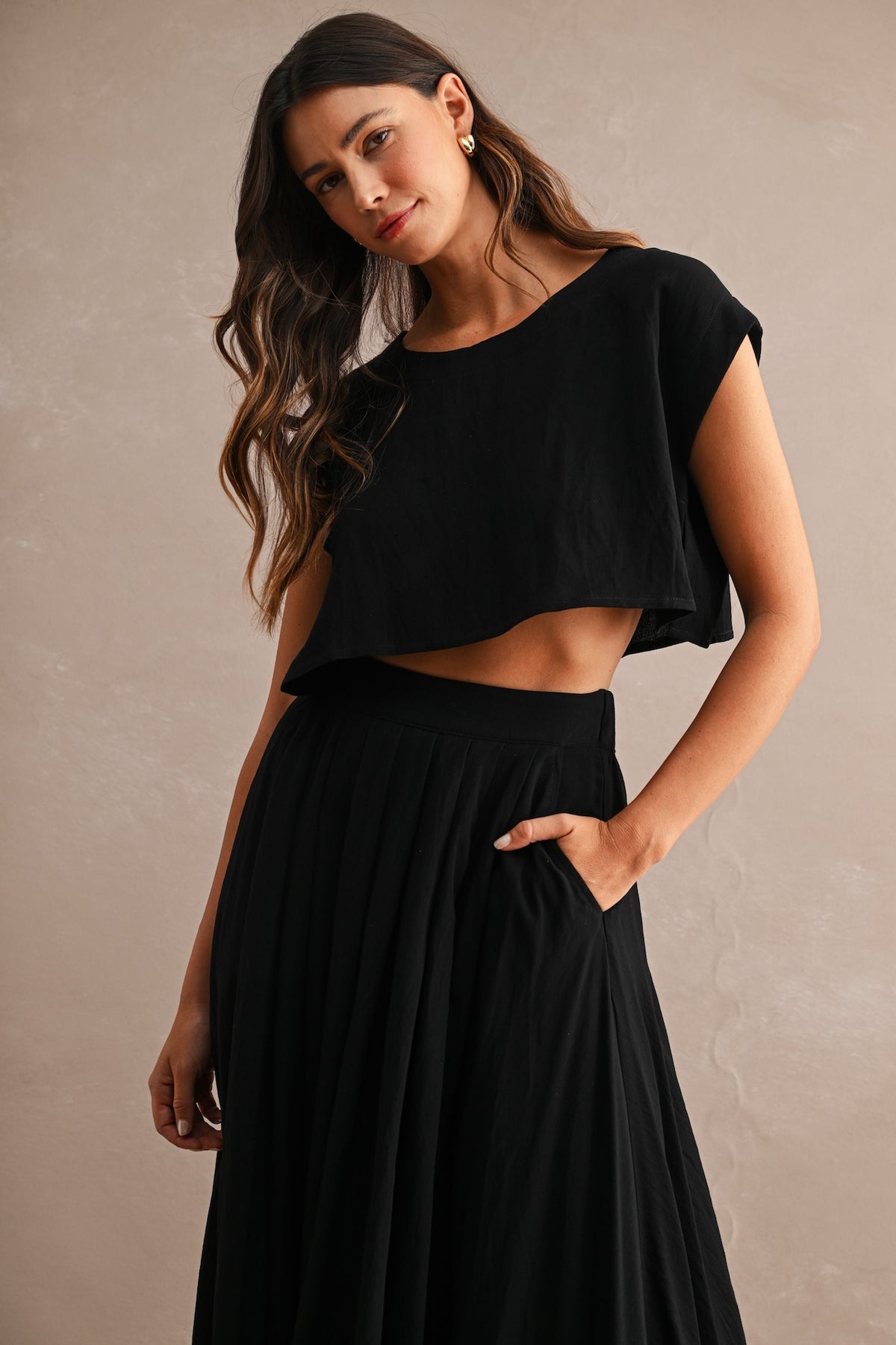 Black Cotton Two Piece Crop Top & Midi Skirt Set