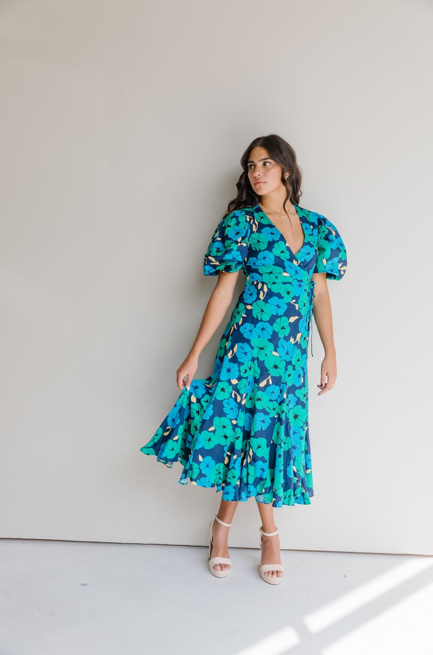Blue Floral Cotton Midi Wrap Dress With Puff Sleeves