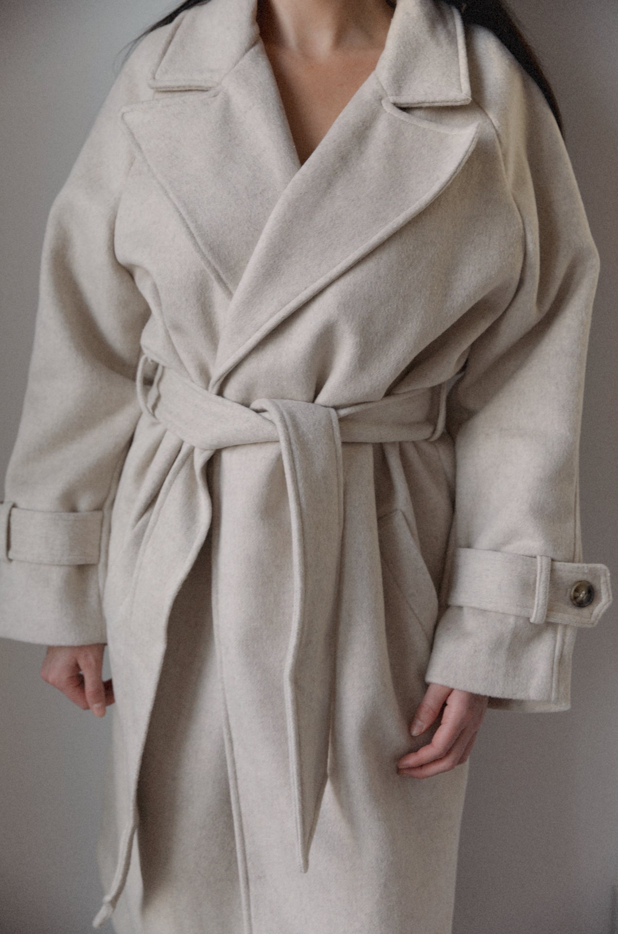 belted cream oversized wool blend coat