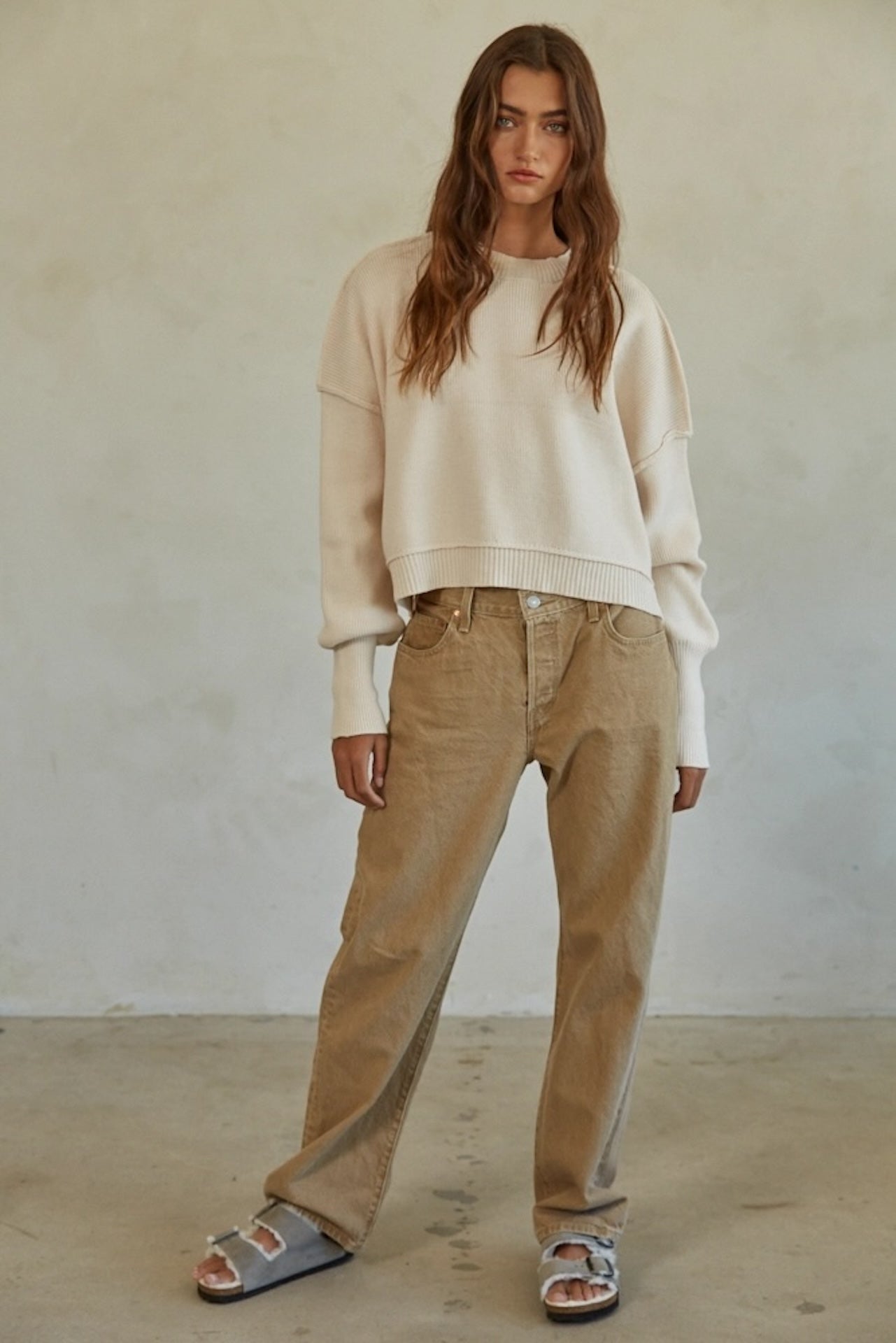 Cream Ribbed Knit Sweater