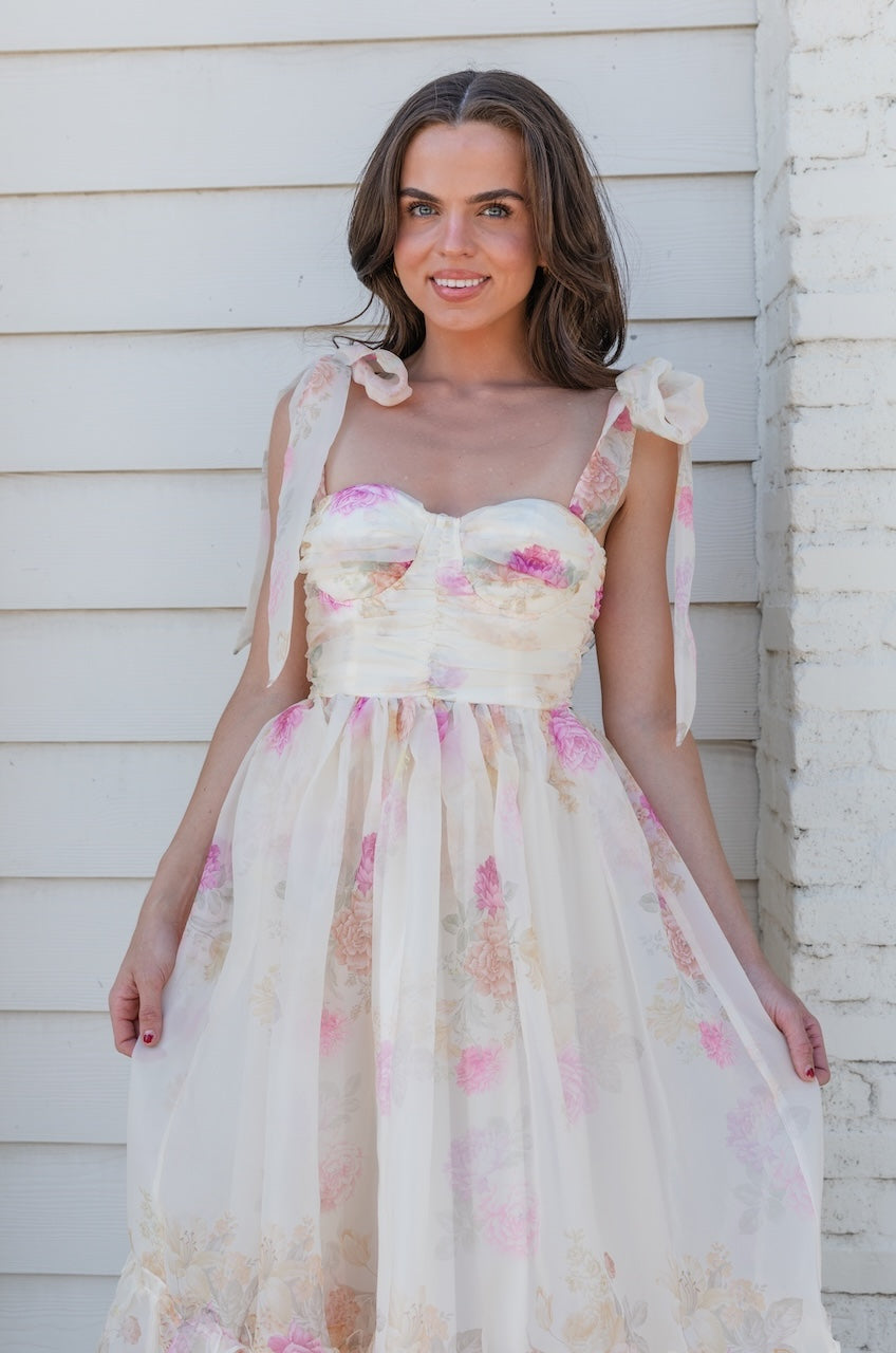 Ivory Floral Tie Strap Midi Dress