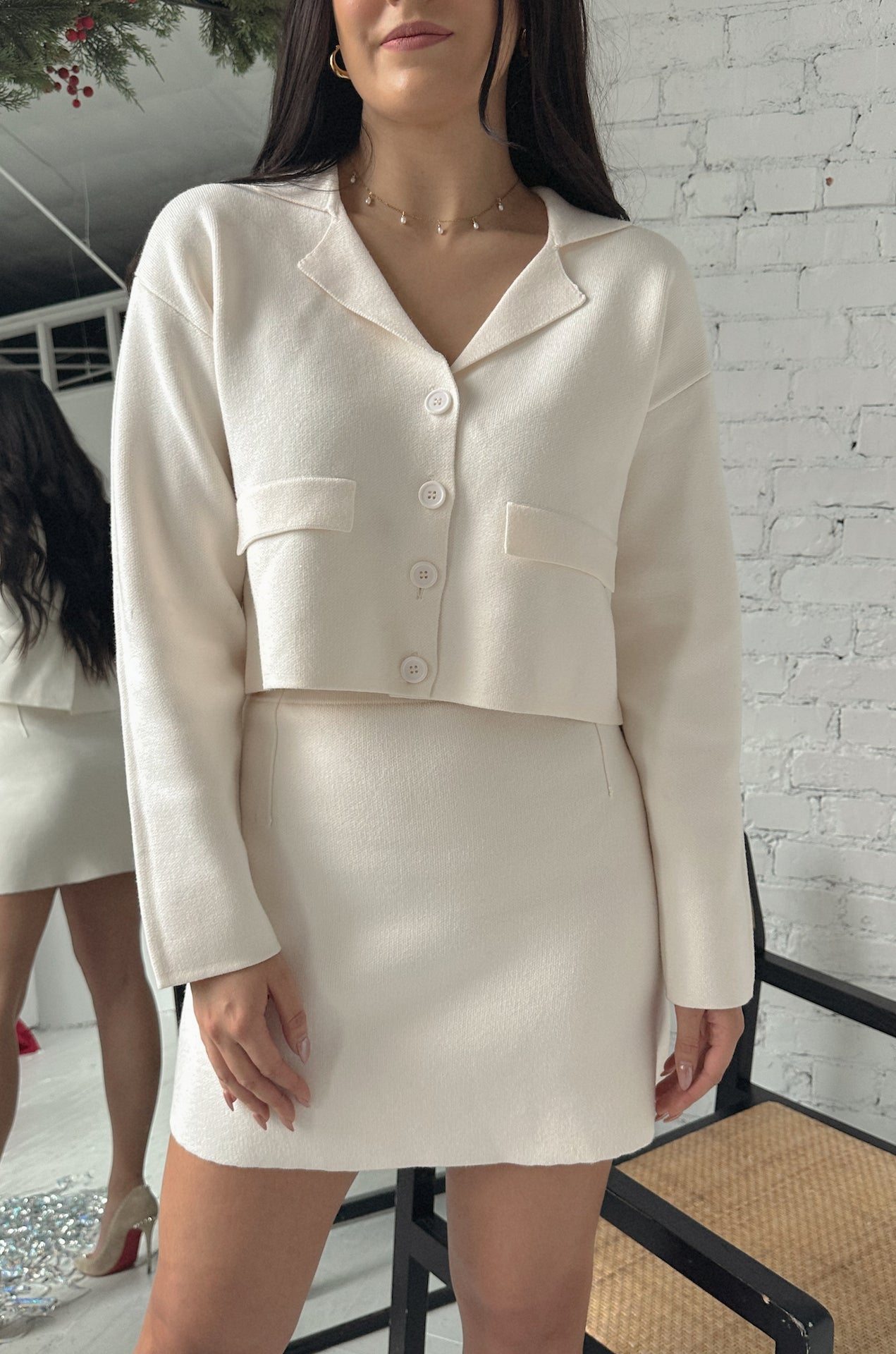 ivory cream knit sweater and mini skirt set