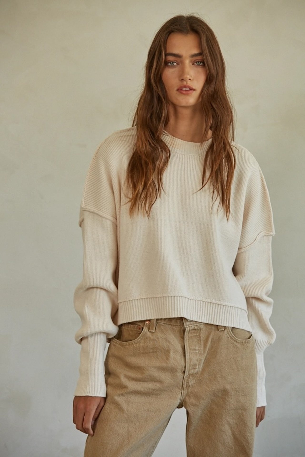 Cream Ribbed Knit Sweater