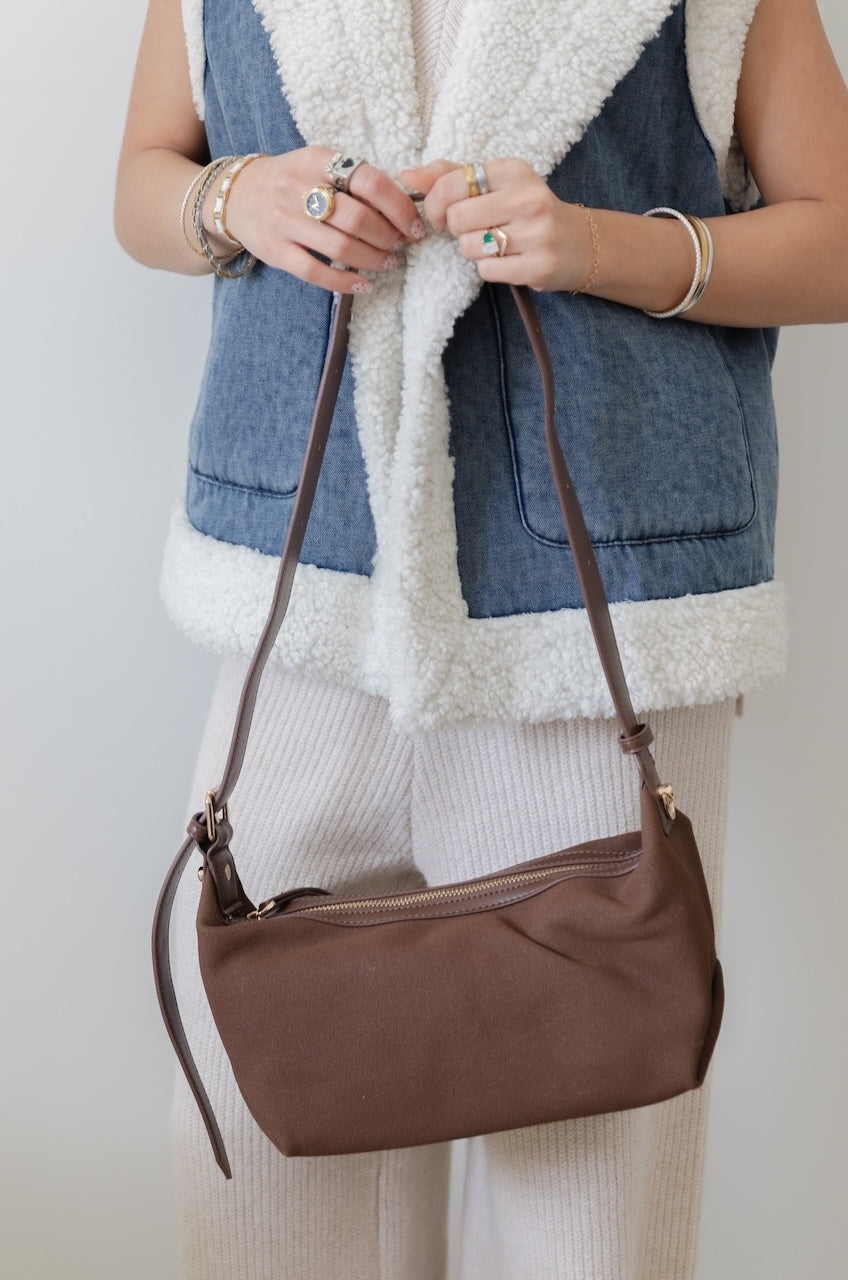 Melie Bianco Lilith Brown Suede Hobo Bag - Vegan Crescent Shoulder Purse