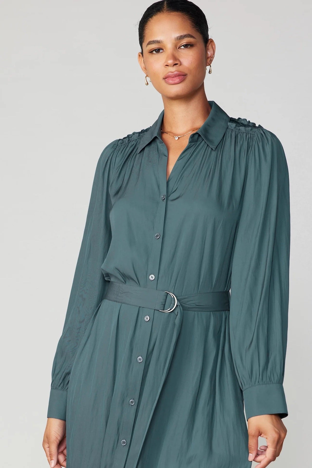 forest green midi long sleeve dress with a belt and button down style