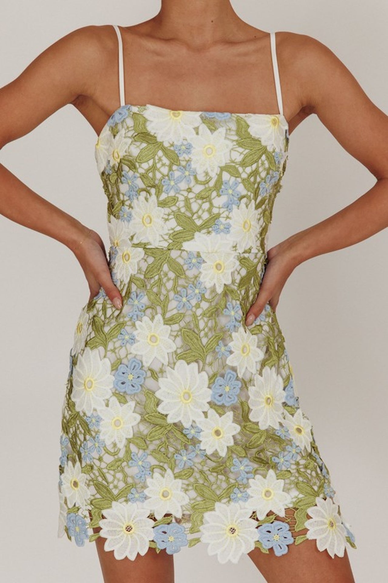 white, green and blue floral embroidered sleeveless mini dress with adjustable straps