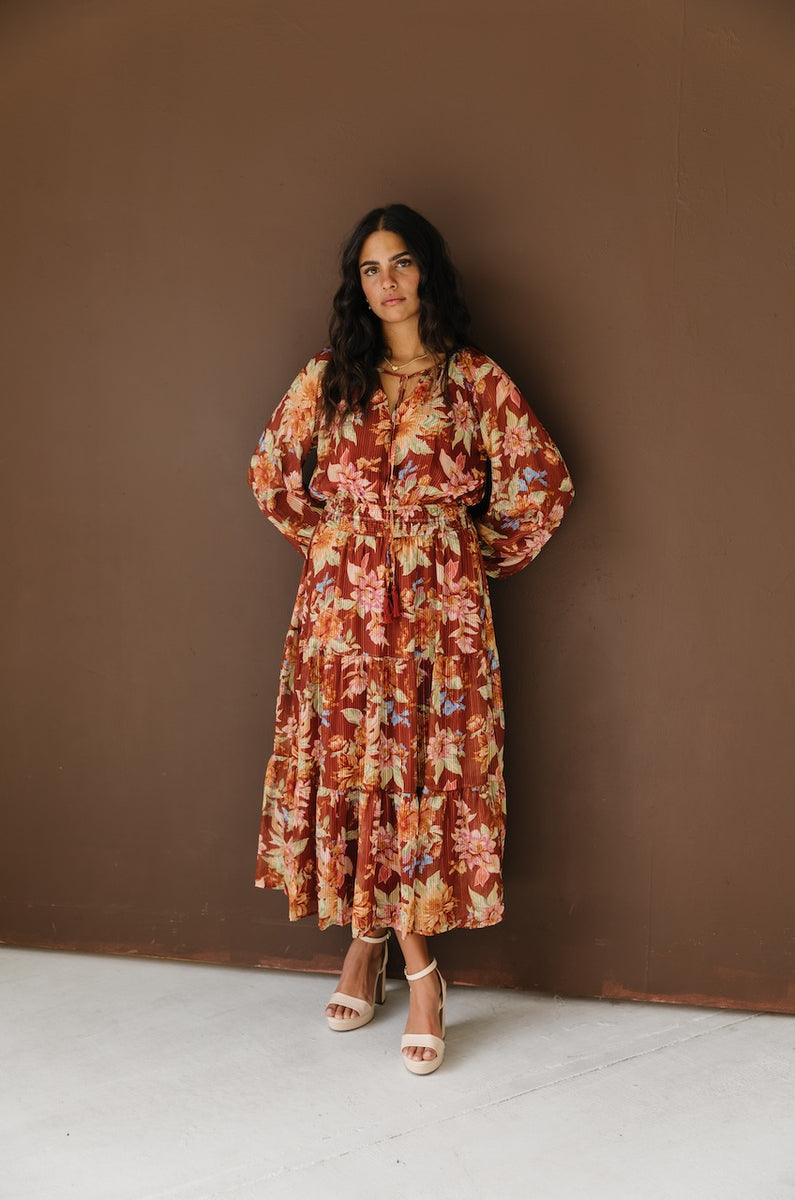 Brown Floral Long Sleeve Midi Dress Brown Floral Long Sleeve Midi Dress