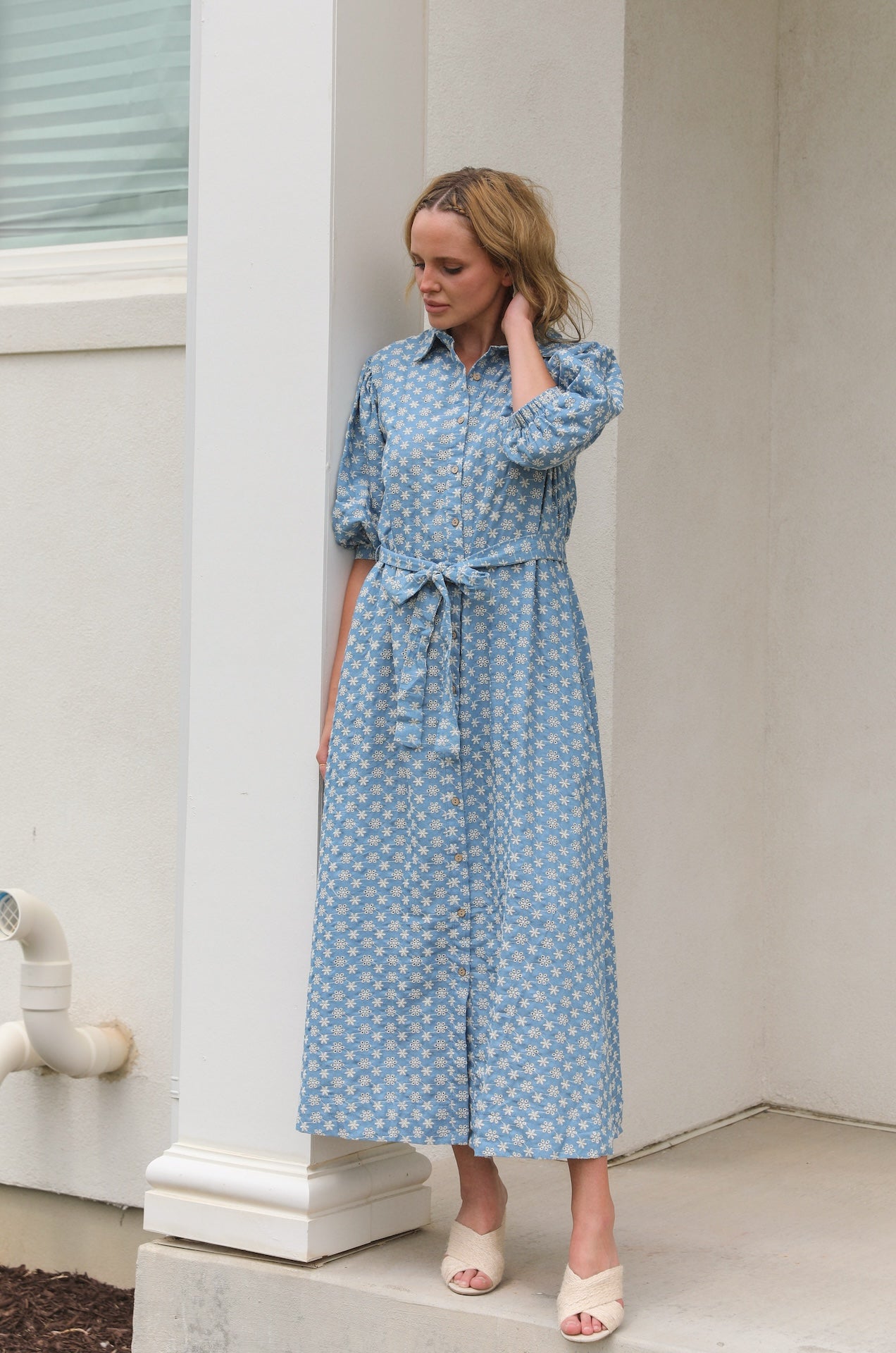 denim blue floral embroidered button down midi dress