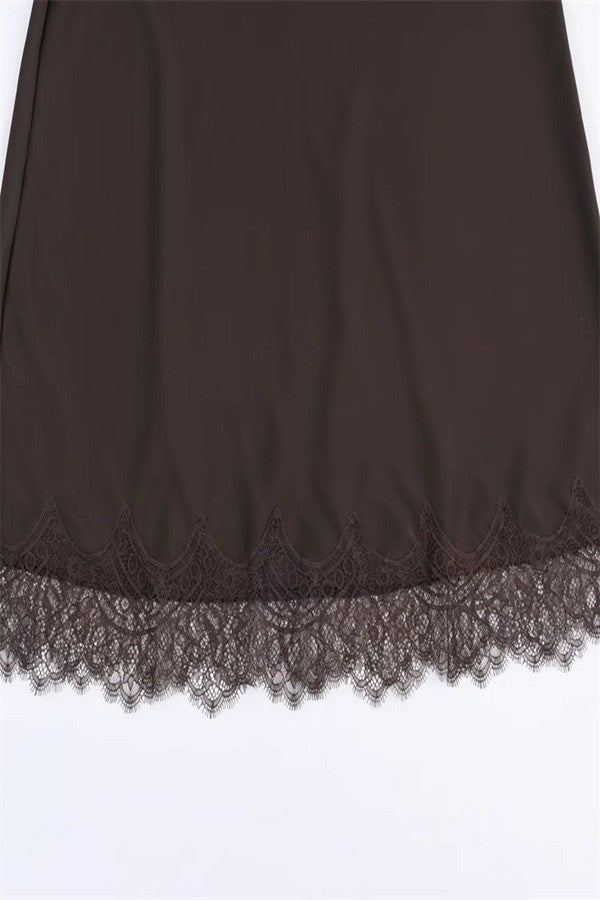 Brown Lace Trim Satin Slip Midi Skirt