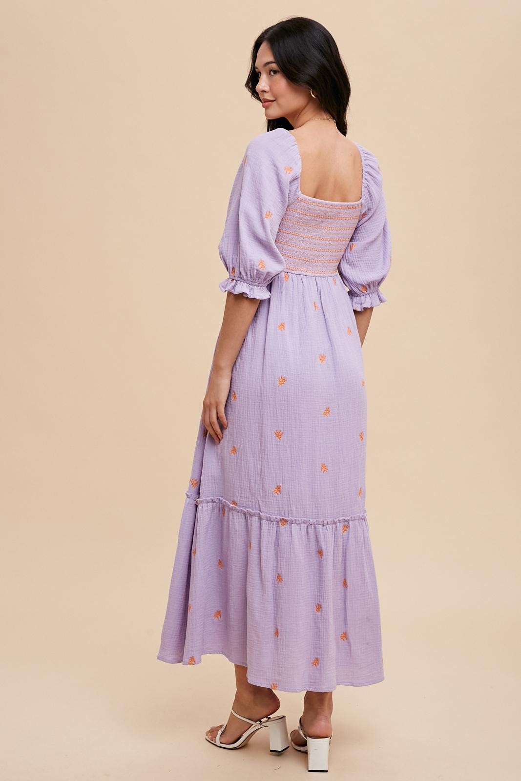 Tory Embroidered Gauzey Midi Dress - Lavender