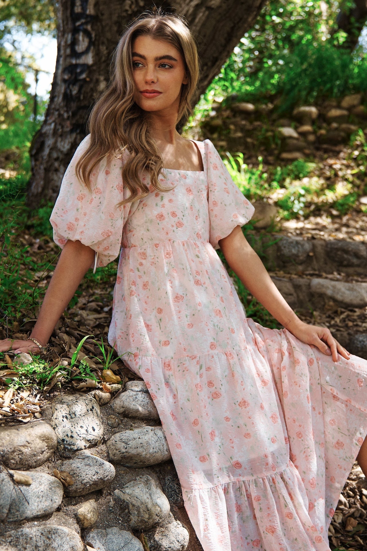 Blush Rose Puff Sleeve Midi Dress