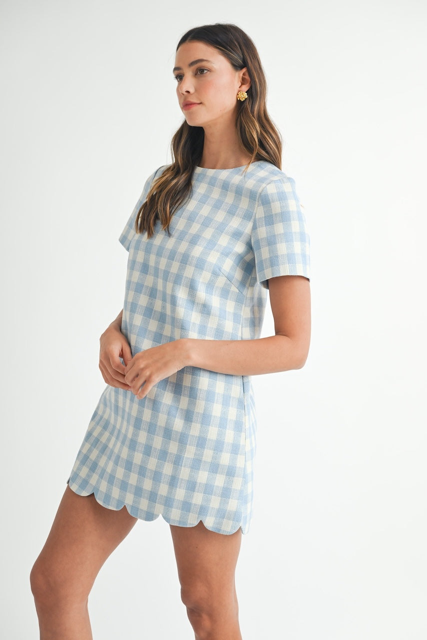 Blue Gingham Mini Dress with Scallop Hem