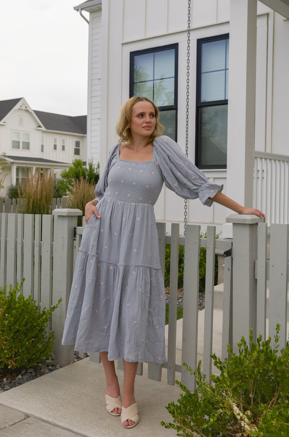 Cotton Floral Embroidered Blue Puff Sleeve Dress