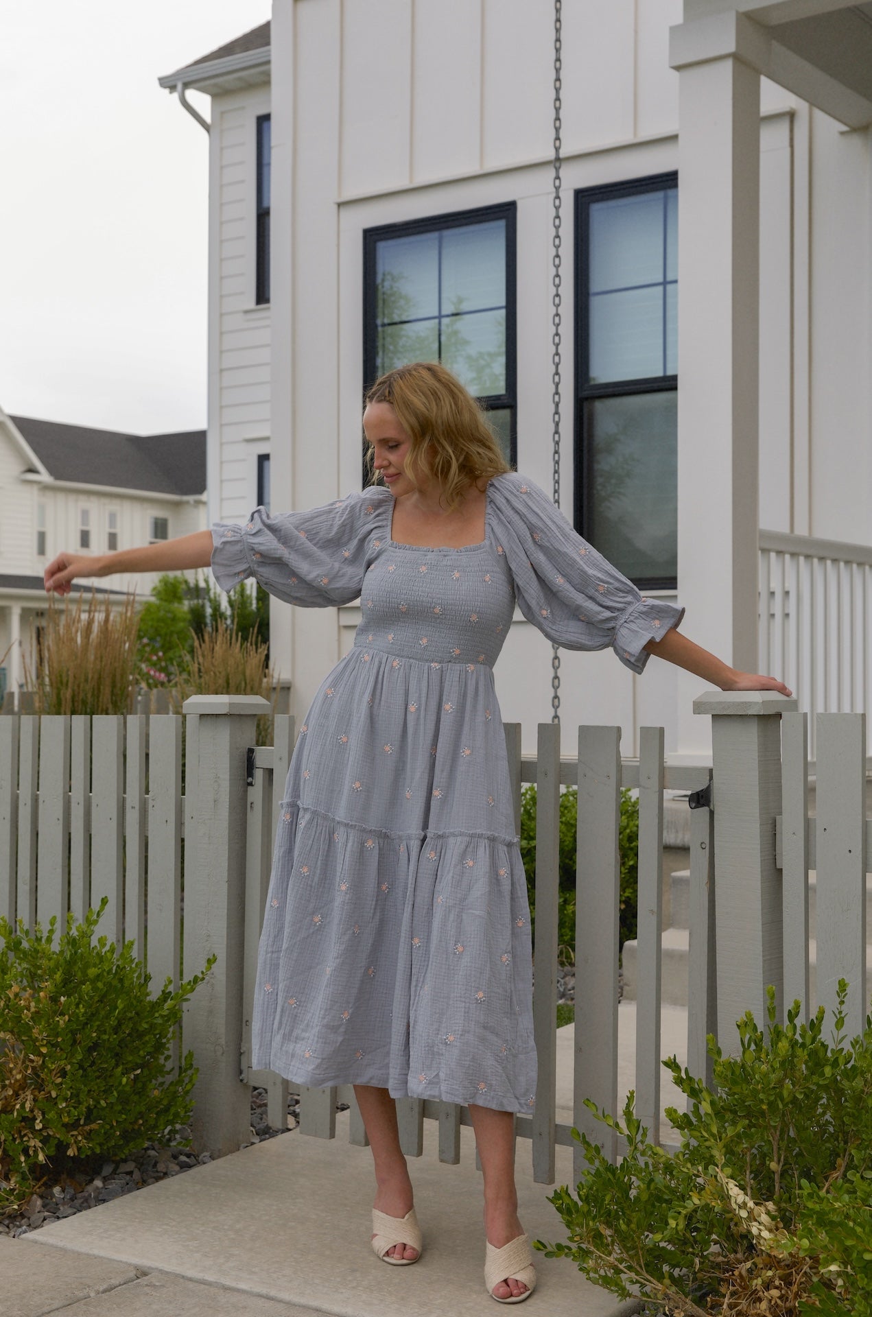 Darla Embroidered Steele Blue Puff Sleeve Dress